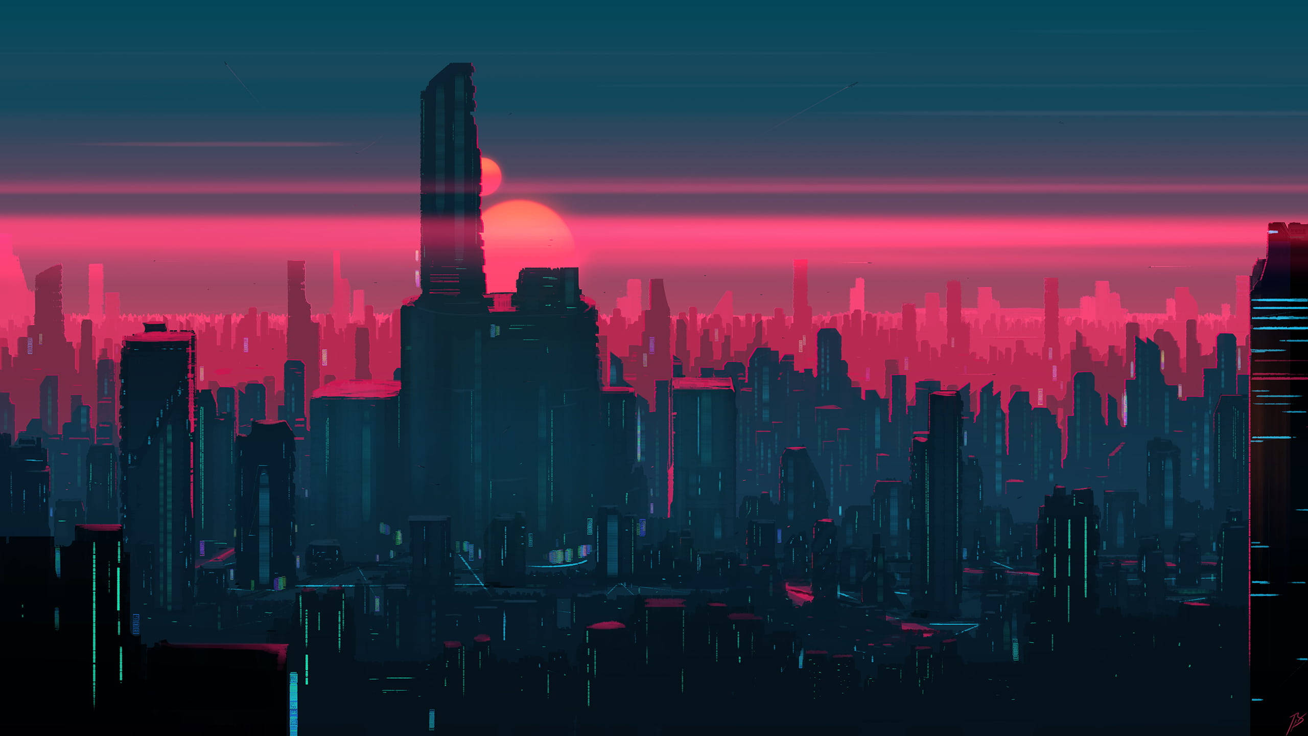 HD Design 桌布 壁紙 — 日落時分，霓虹燈閃爍的賽博龐克城市景觀，高聳的摩天大樓在發光的粉紅色和藍綠色天空襯托下形成剪影。