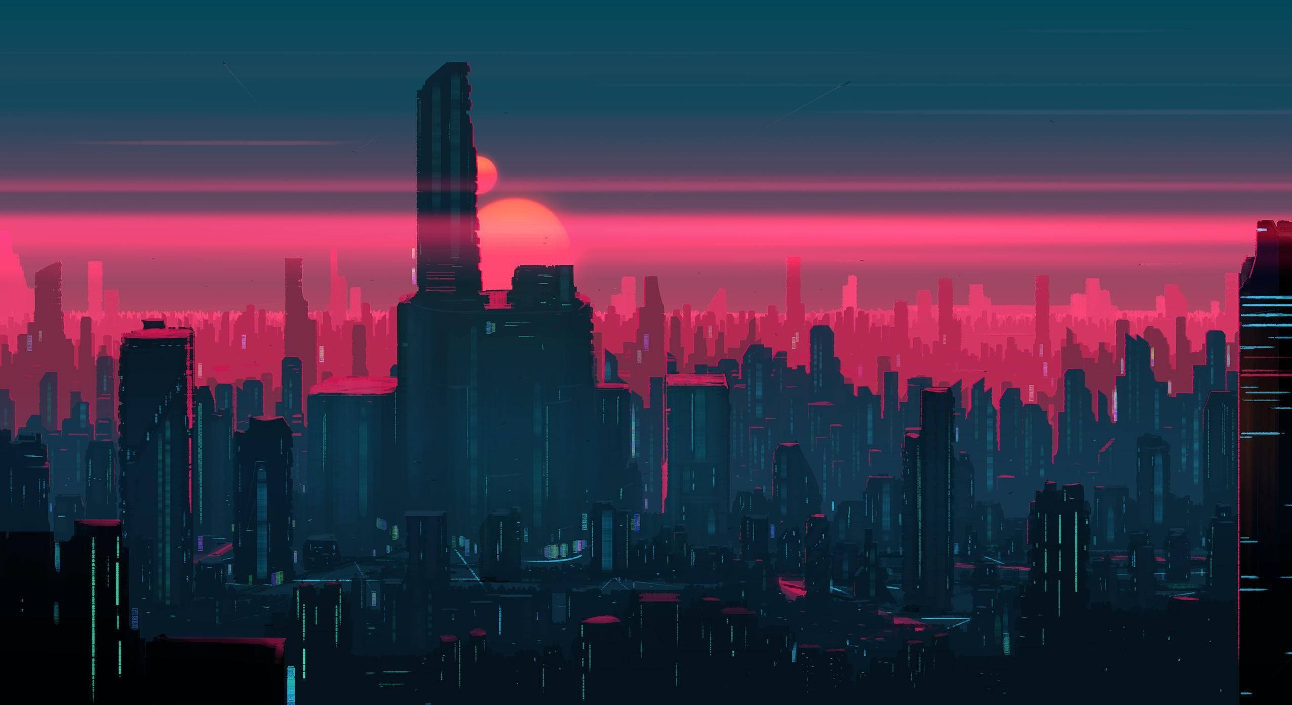 城市 桌布 壁紙 — 日落時分，霓虹閃爍的賽博龐克城市景觀，高聳的摩天大樓在發光的粉紅色和青色天空中形成剪影。