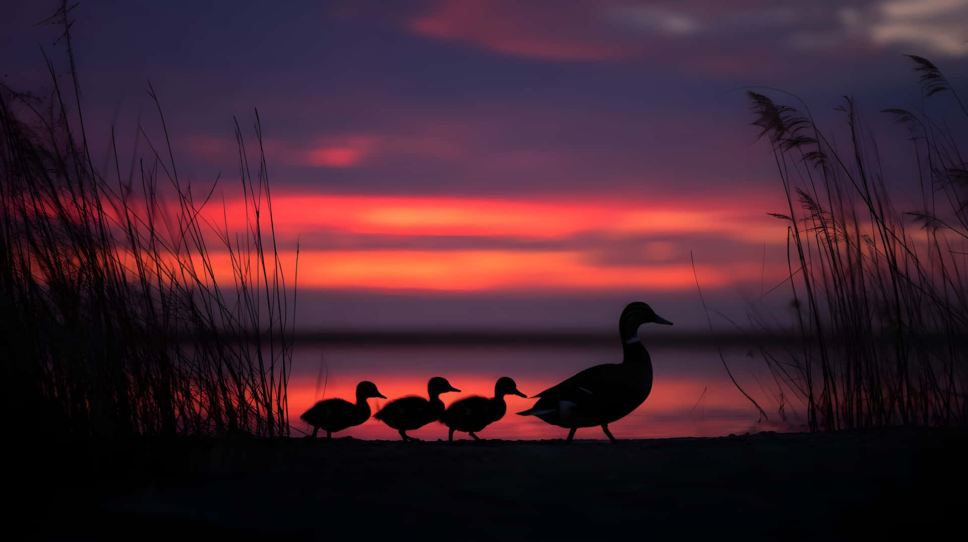 Cinematic Silhouette of Duck and Ducklings at Sunset with Vibrant Sky 壁紙 — 日落時分，鴨媽媽和小鴨沿著海岸線行走，天空呈現火橙色和紫色的剪影。