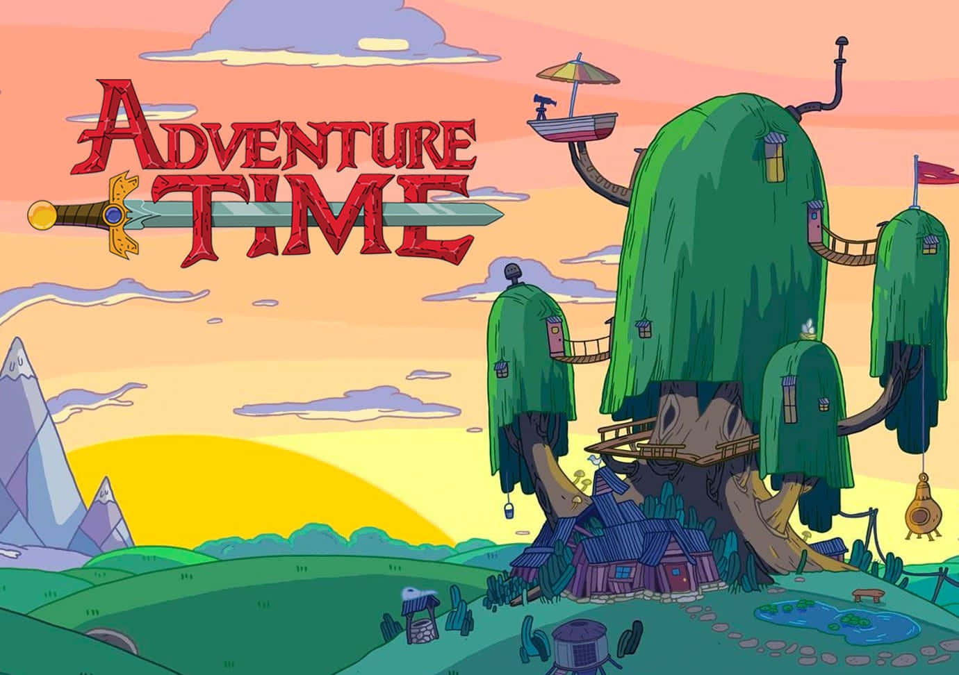 Adventure Time Cute 桌布 壁紙 — 日落時分一個奇特的卡通樹屋村莊，上方漂浮著一個巨大的劍標誌。