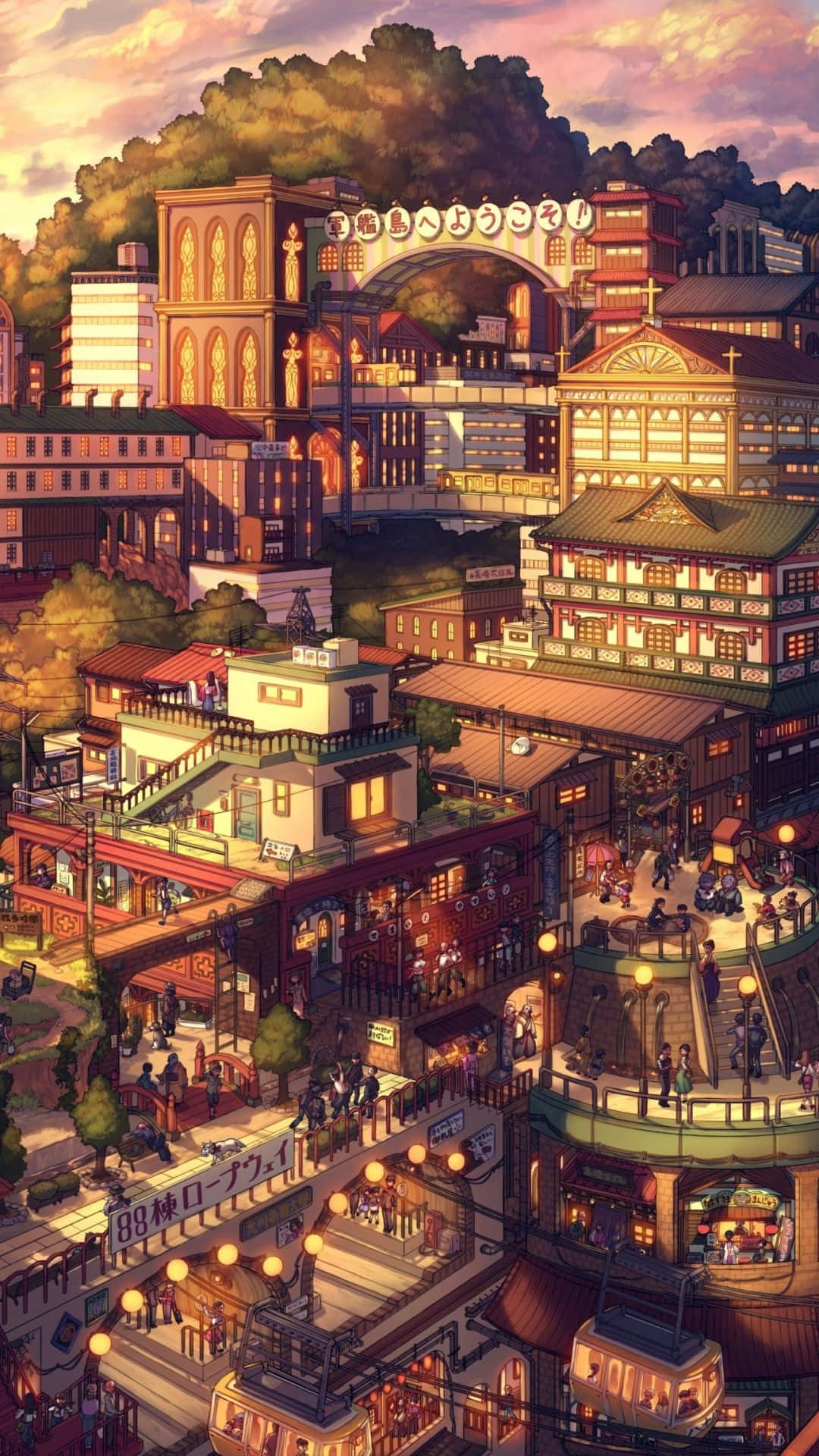 動畫 桌布 壁紙 — 日落時分充滿活力的動漫風格城市景觀，層疊的建築、發光的燈籠和高架步道上熙熙攘攘的人群。