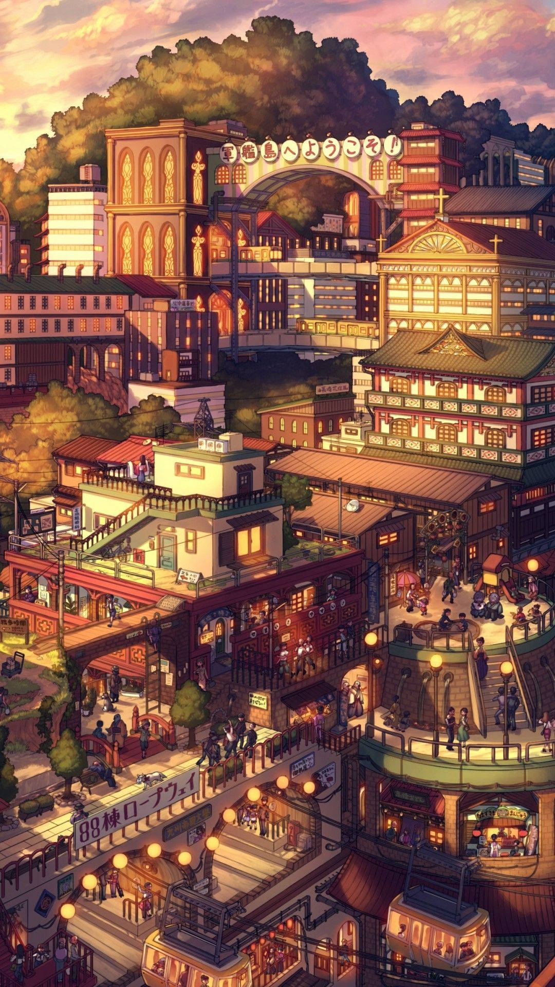 日落 桌布 壁紙 — 日落時分充滿活力的動漫風格城市景觀，層層疊疊的建築、發光的燈籠以及高架步道上熙熙攘攘的人群。