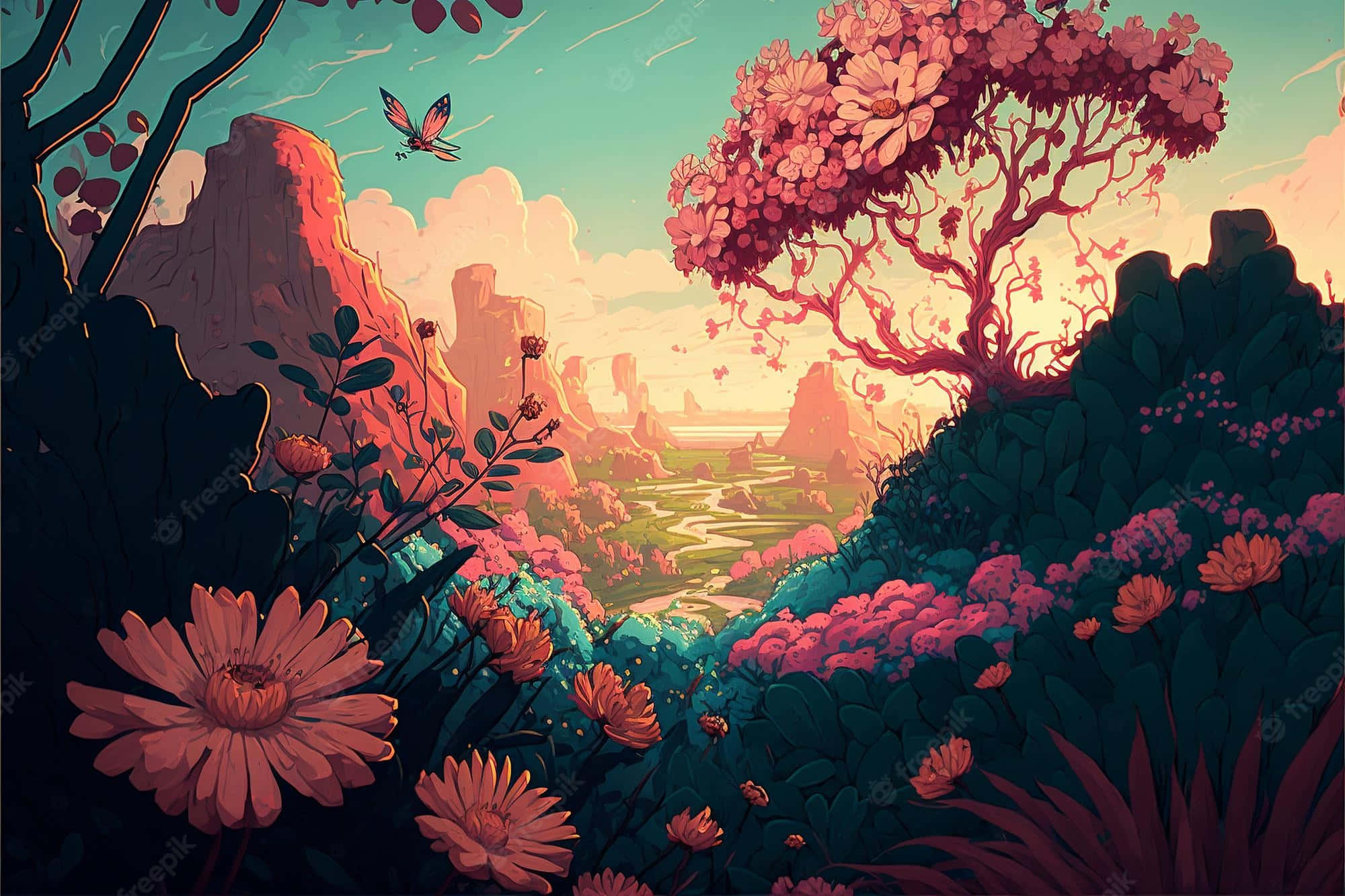 Anime Flower 桌布 壁紙 — 日落時分充滿活力的奇幻山谷，粉紅色的開花樹木和花朵在溫暖的光線下閃耀。