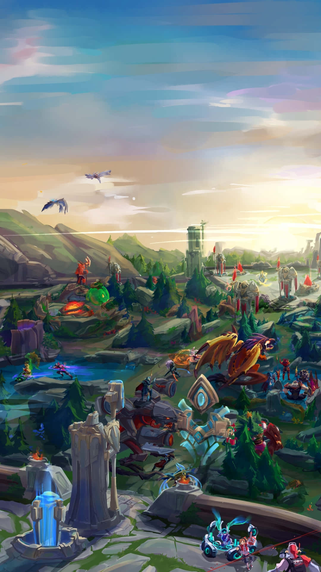 Android League Of Legends 桌布 壁紙 — 日落時分充滿活力的奇幻景觀，有浮島、龍和發光的建築，坐落在山脈和森林之中。