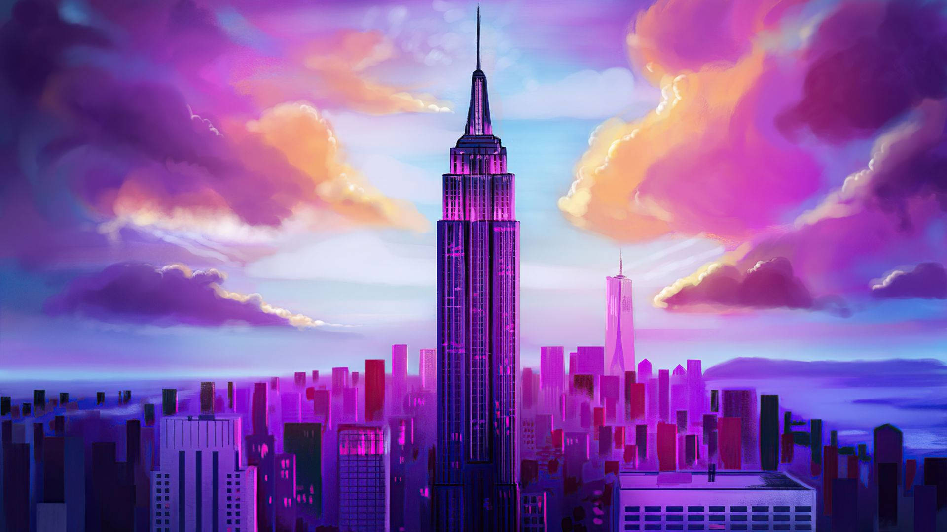 empire 桌布 壁紙 — 日落時分充滿活力的數位藝術城市景觀，一座高聳的摩天大樓沐浴在紫色和橙色的色調中，映襯著戲劇性的雲層。