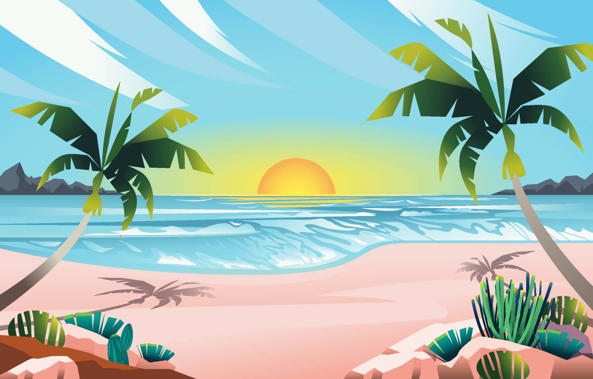 Summer Beach 桌布 壁紙 — 日落時分充滿活力的熱帶海灘，棕櫚樹在粉紅色沙灘上搖曳，綠松石色的海浪在漸變的天空下拍打。
