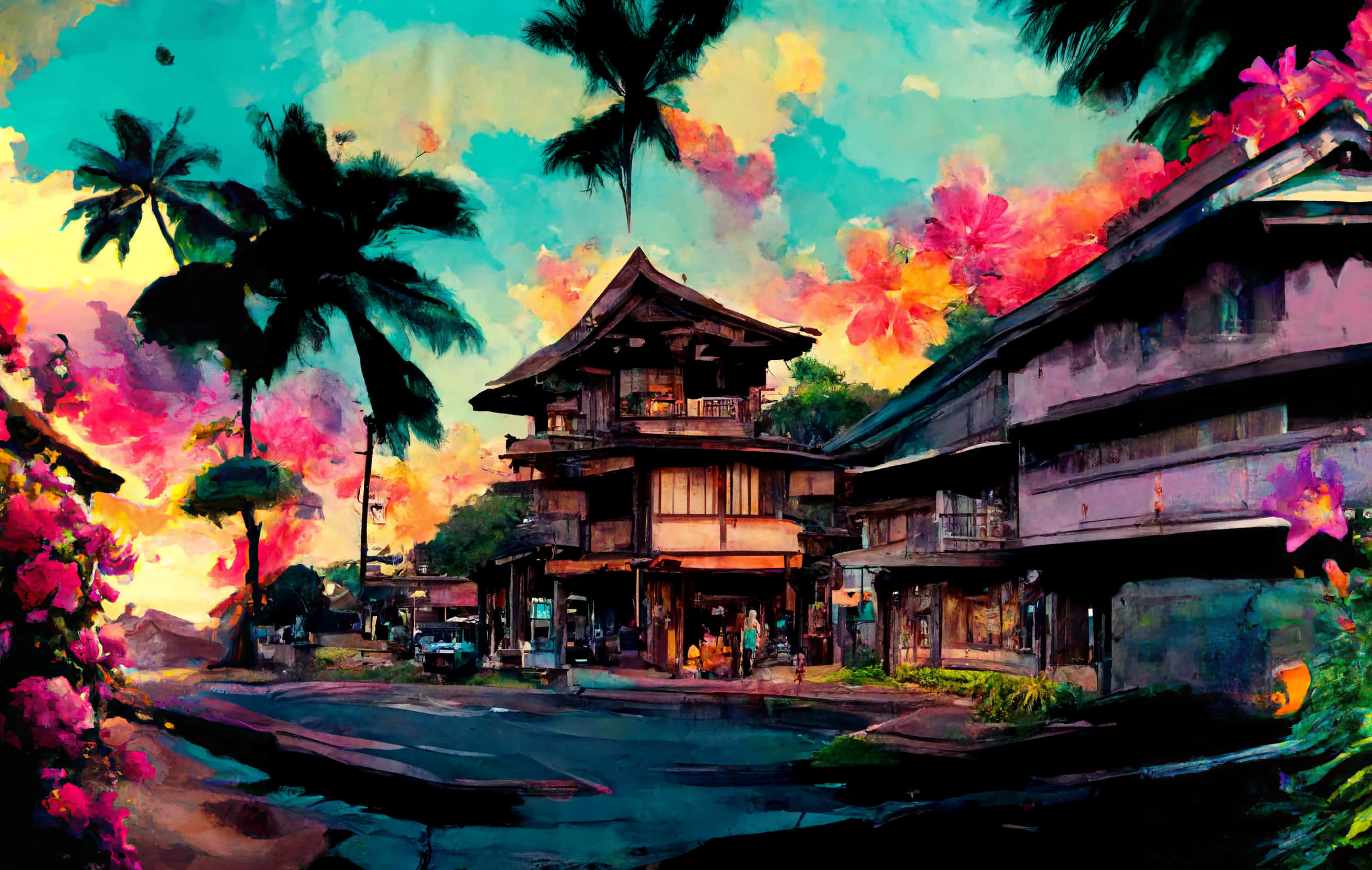 桌布 壁紙 — 日落時分充滿活力的熱帶街景，棕櫚樹和盛開的花朵襯托著傳統木建築。