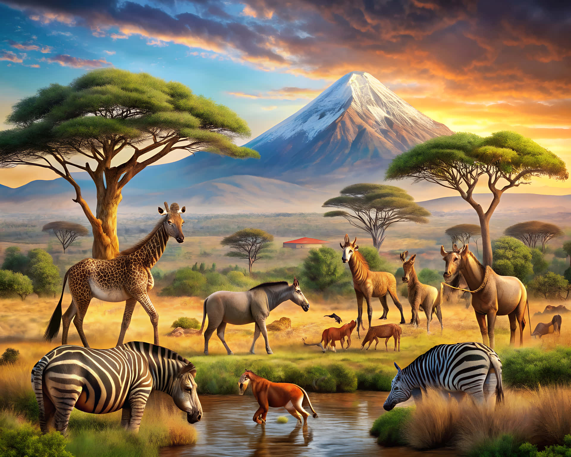 African landscape with animals 壁紙 — 日落時分充滿活力的非洲稀樹草原場景，斑馬、長頸鹿和馬匹聚集在金合歡樹下的水坑旁，遠處有雪山。