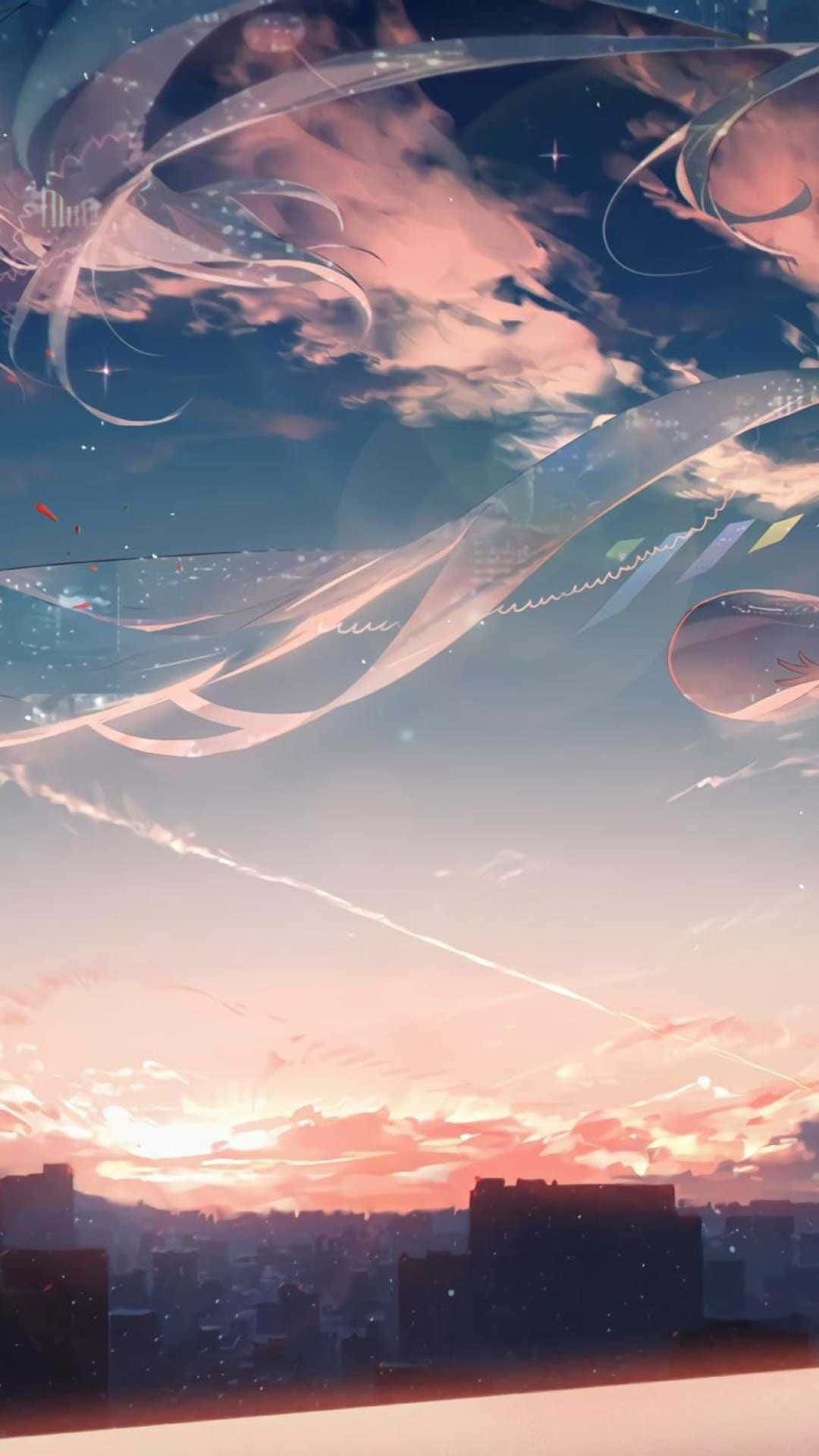 Lo Fi Anime Chill 桌布 壁紙 — 日落時分城市景觀上空帶有發光絲帶和星星的超現實動畫天空。