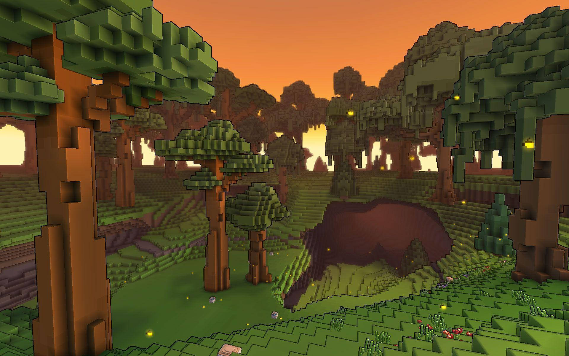 Tree 桌布 壁紙 — 日落時分寧靜的Minecraft森林，有方塊樹木、發光的螢火蟲和一個深邃的洞穴入口。