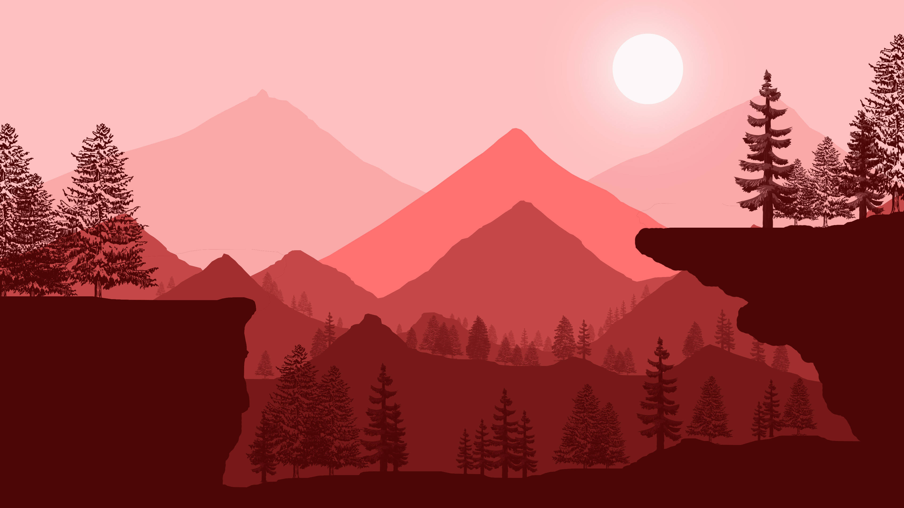 紅色山脈 桌布 壁紙 — 日落時分寧靜的山景，層層疊疊的山峰和松樹在閃爍的粉紅色天空下。