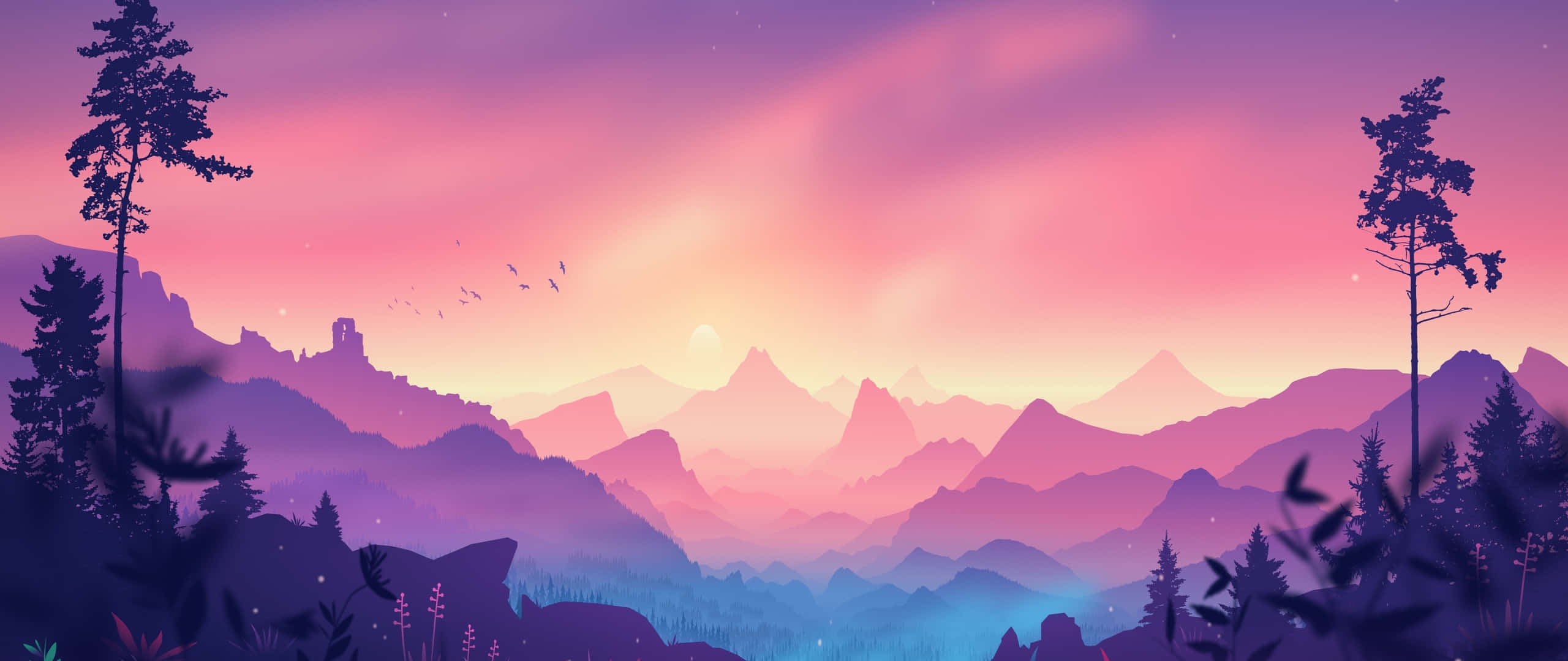Mountain Aesthetic 桌布 壁紙 — 日落時分寧靜的數位藝術山景，帶有紫色、粉紅色和藍色色調，剪影樹木和飛鳥。
