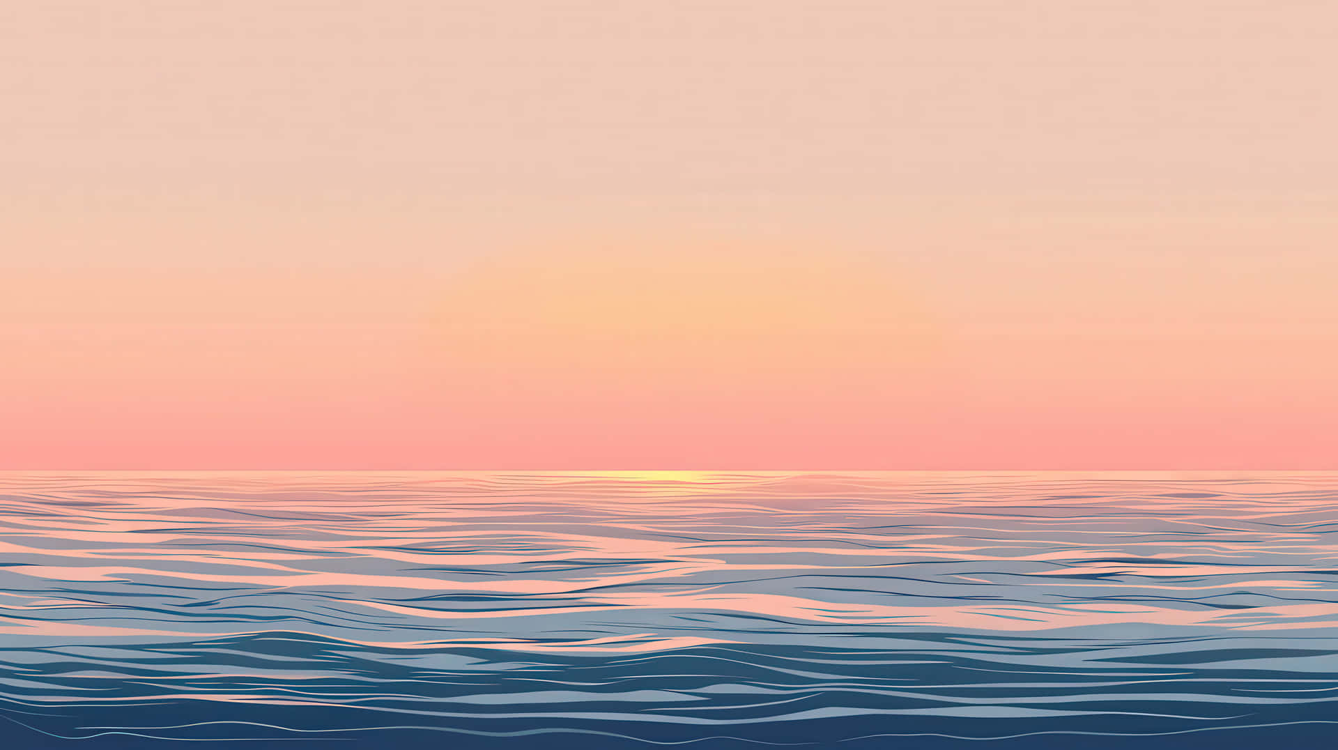 A serene digital illustration of an ocean horizon with gentle waves and a pastel-colored sunset 壁紙 — 日落時分寧靜的海洋，柔和粉紅和橙色色調映照在平靜的藍色波浪上。