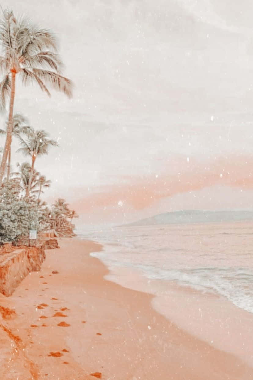 Peachy Aesthetic 桌布 壁紙 — 日落時分寧靜的熱帶海灘，棕櫚樹在粉紅色的沙灘上投下長長的影子，溫柔的海浪在柔和粉彩的天空下翻滾。