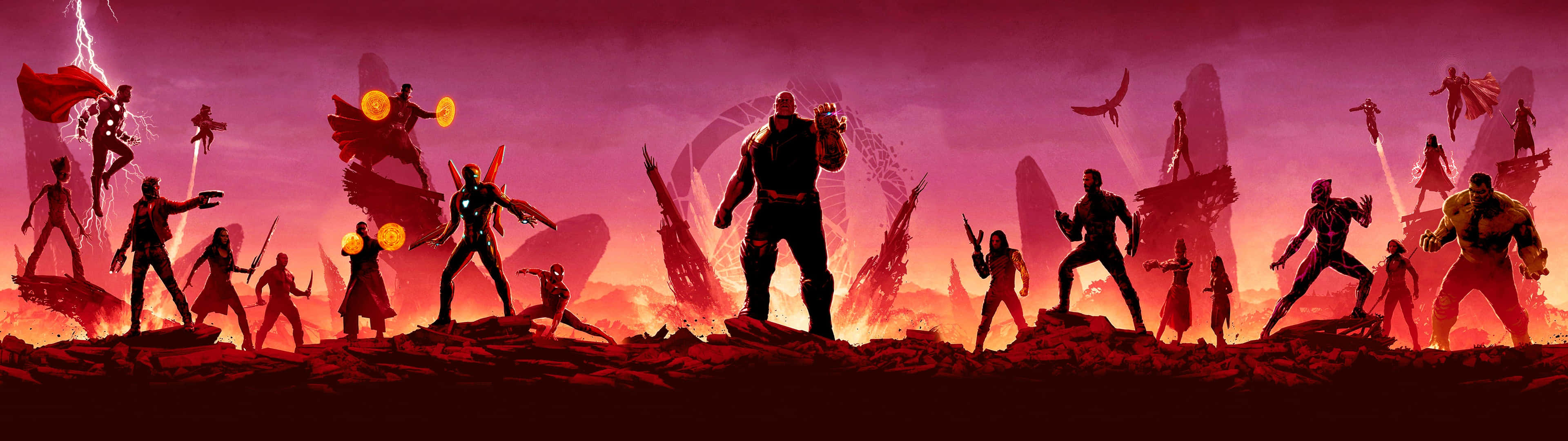 Avengers Dual Screen 桌布 壁紙 — 日落時分戲劇性的超級英雄戰鬥場景，剪影戰士映襯著火紅和紫色的天空。