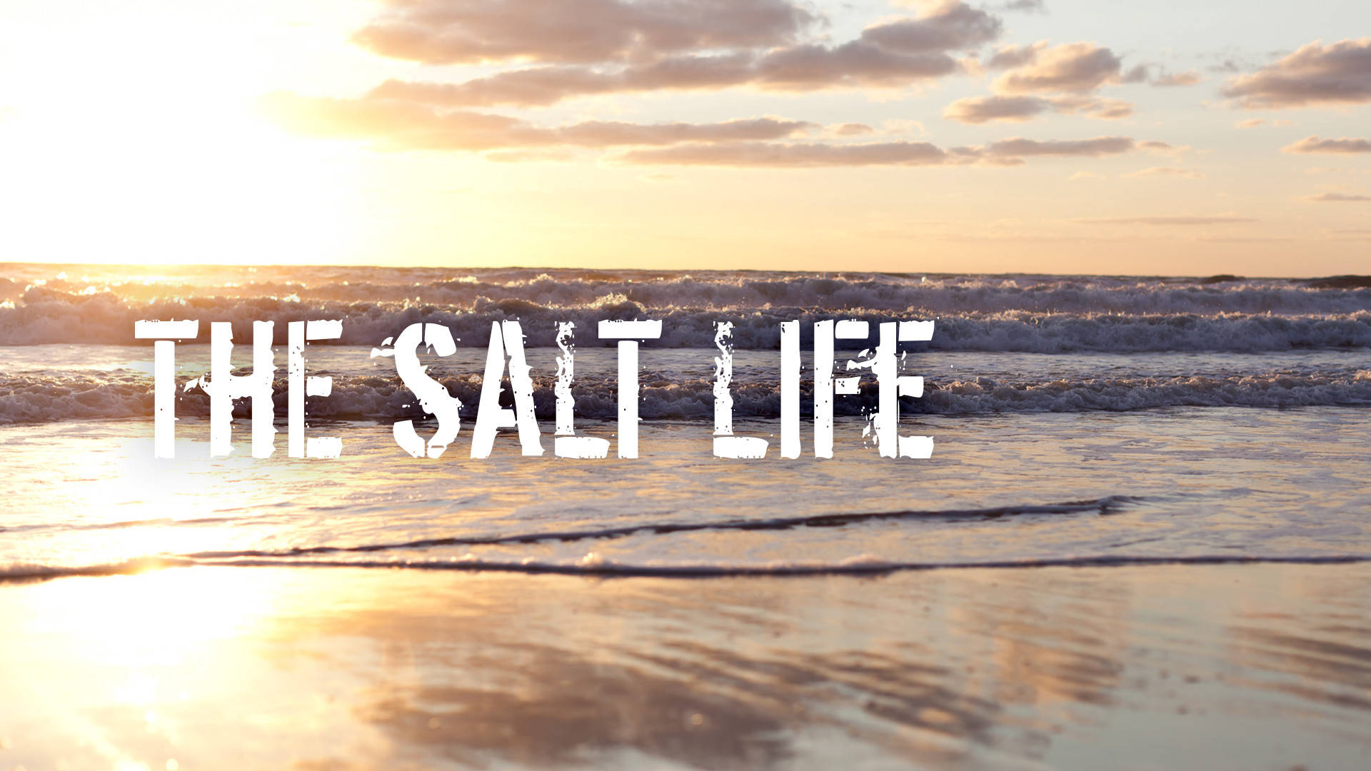 life 桌布 壁紙 — 日落時分海浪拍打岸邊，金色光線映照在濕沙上，下方有粗體白色文字寫著 THE SALT LIFE。