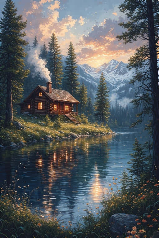 Lakeside Log Cabin Retreat Peaceful Mountain Nature 4K 壁紙 — 日落時分湖邊一間舒適的木屋，周圍是白雪覆蓋的山脈和松樹。