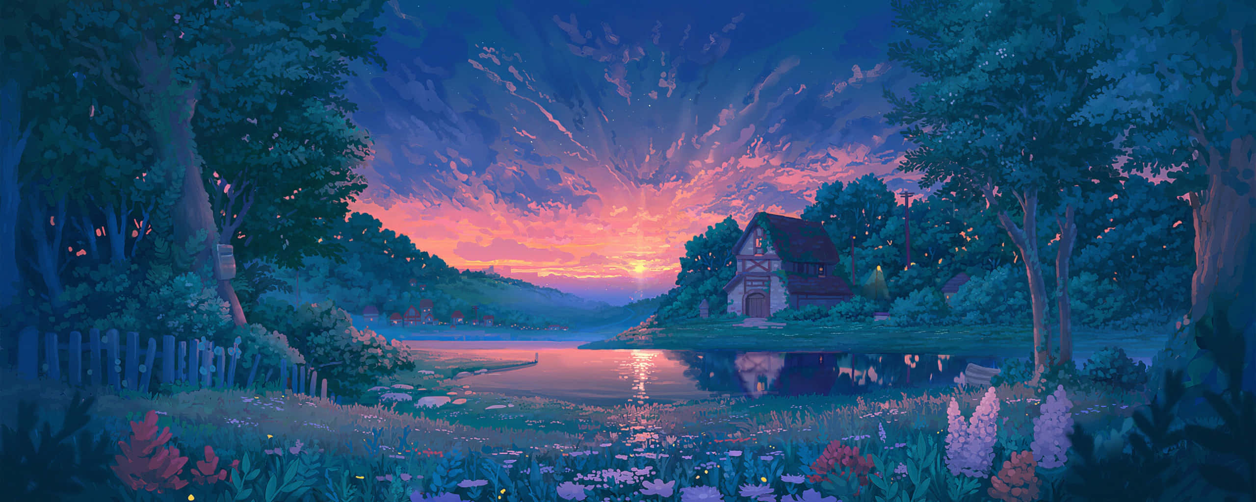 Aesthetic Computer 4K 桌布 壁紙 — 日落時分湖邊寧靜的小屋，充滿活力的紫色和橙色天空倒映在平靜的水面上，周圍環繞著茂密的樹木和野花。