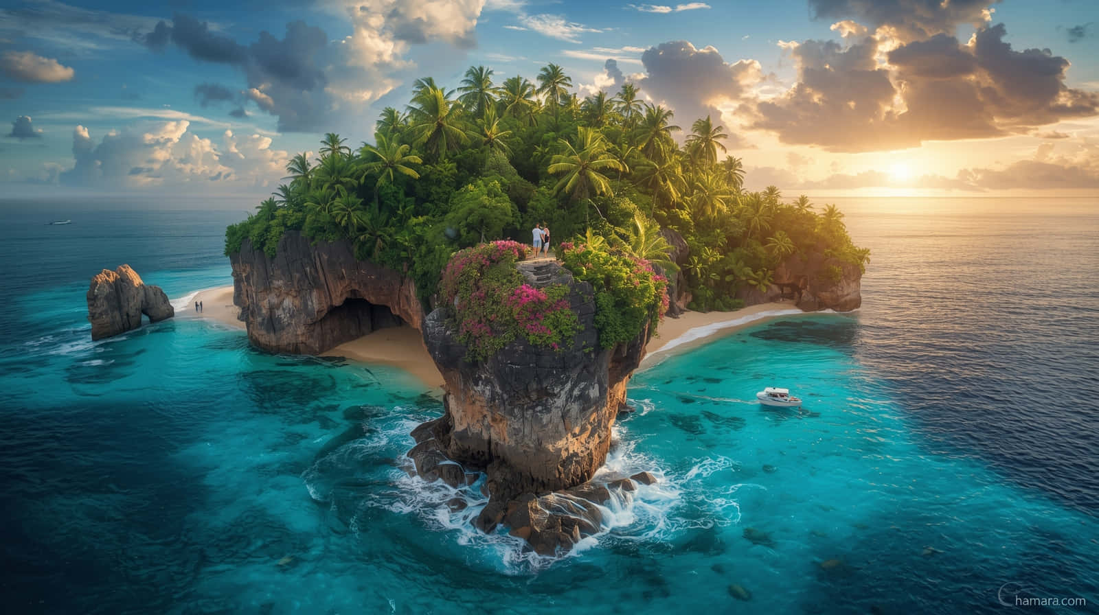 Tropical Rock Arch Island at Sunset Wallpaper 壁紙 — 日落時分熱帶島嶼的鳥瞰圖，有碧綠的海水、棕櫚樹和兩個人站在懸崖邊緣。