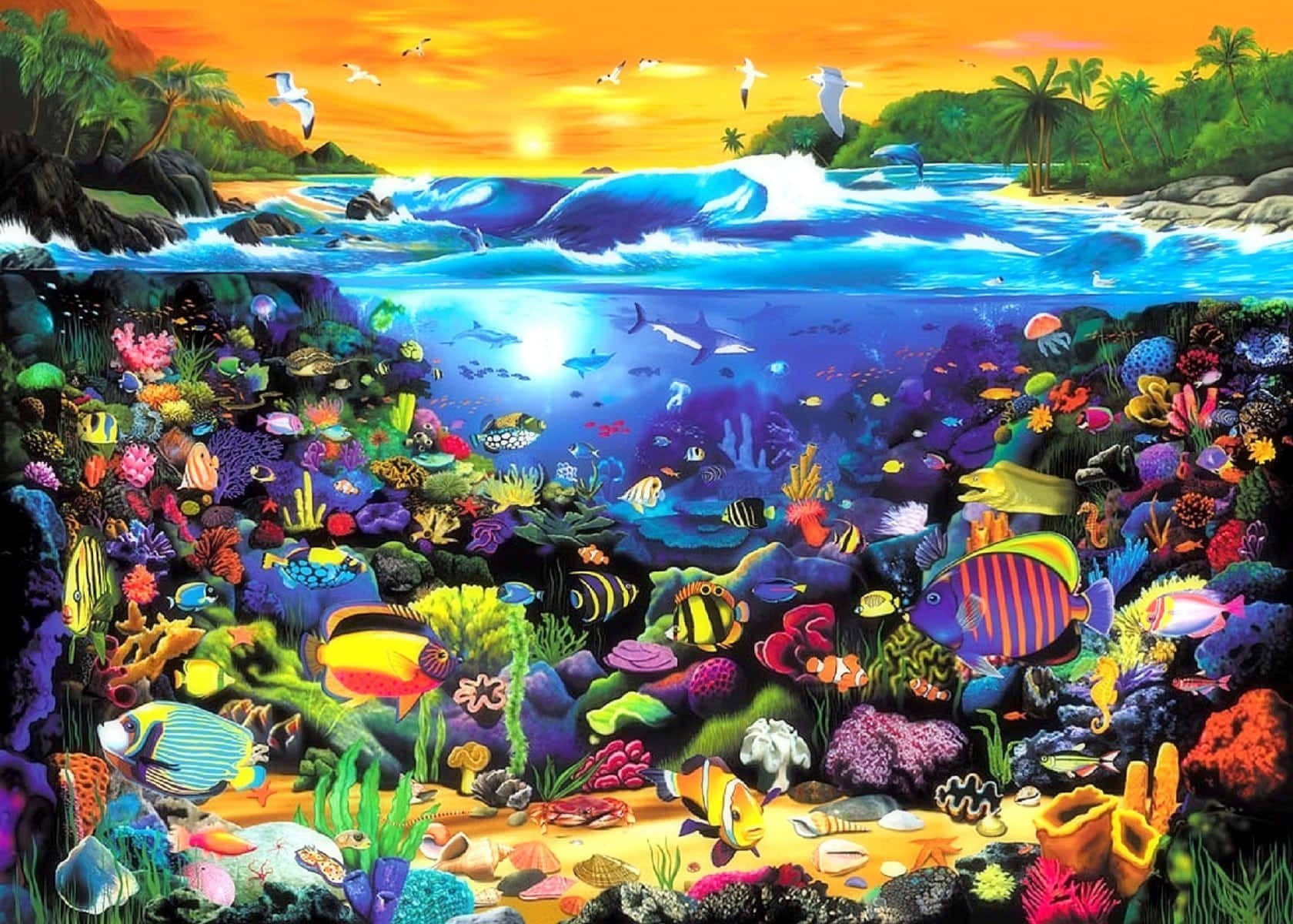 Kawaii Sea Creatures 桌布 壁紙 — 日落時分熱帶海灘的鮮明分屏視圖，上方有拍岸的海浪，下方有色彩繽紛、魚群豐富的珊瑚礁。