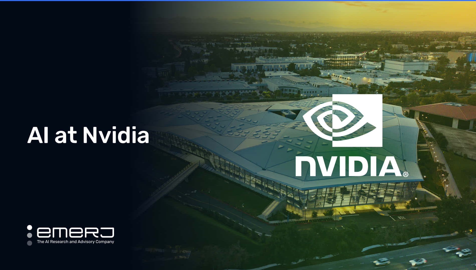 nvidia 桌布 壁紙 — 日落時分現代NVIDIA建築的鳥瞰圖，窗戶閃閃發光，公司標誌突出顯示。