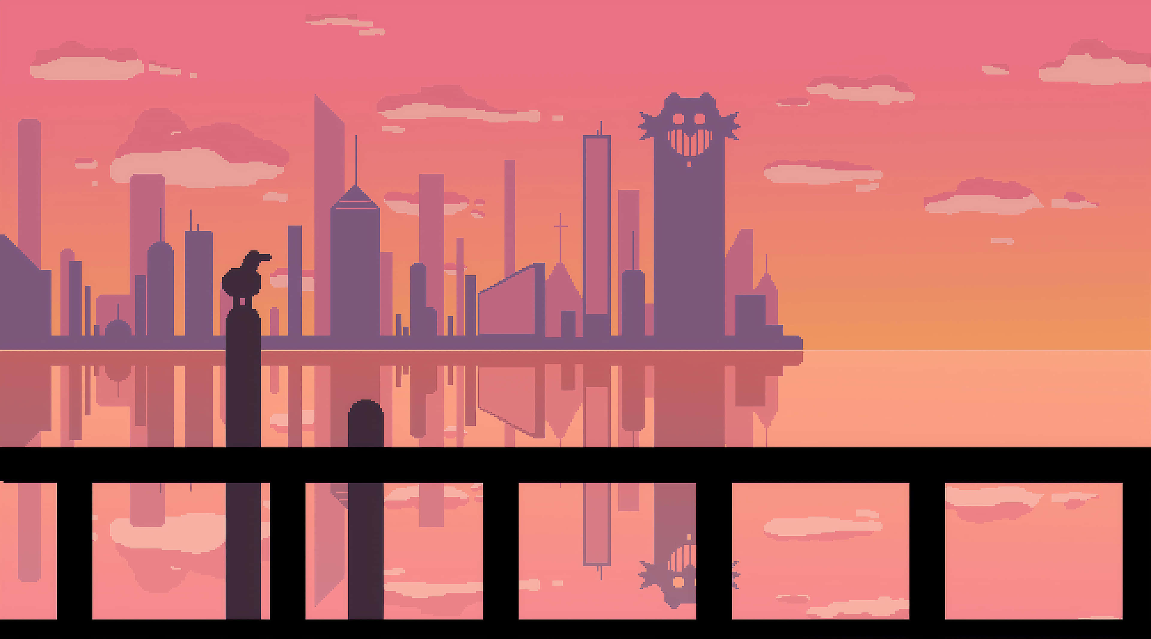 City Pixel Art 桌布 壁紙 — 日落時分的像素藝術城市天際線，摩天大樓頂上有一個咧嘴笑的怪物，欄杆上棲息著一隻烏鴉。