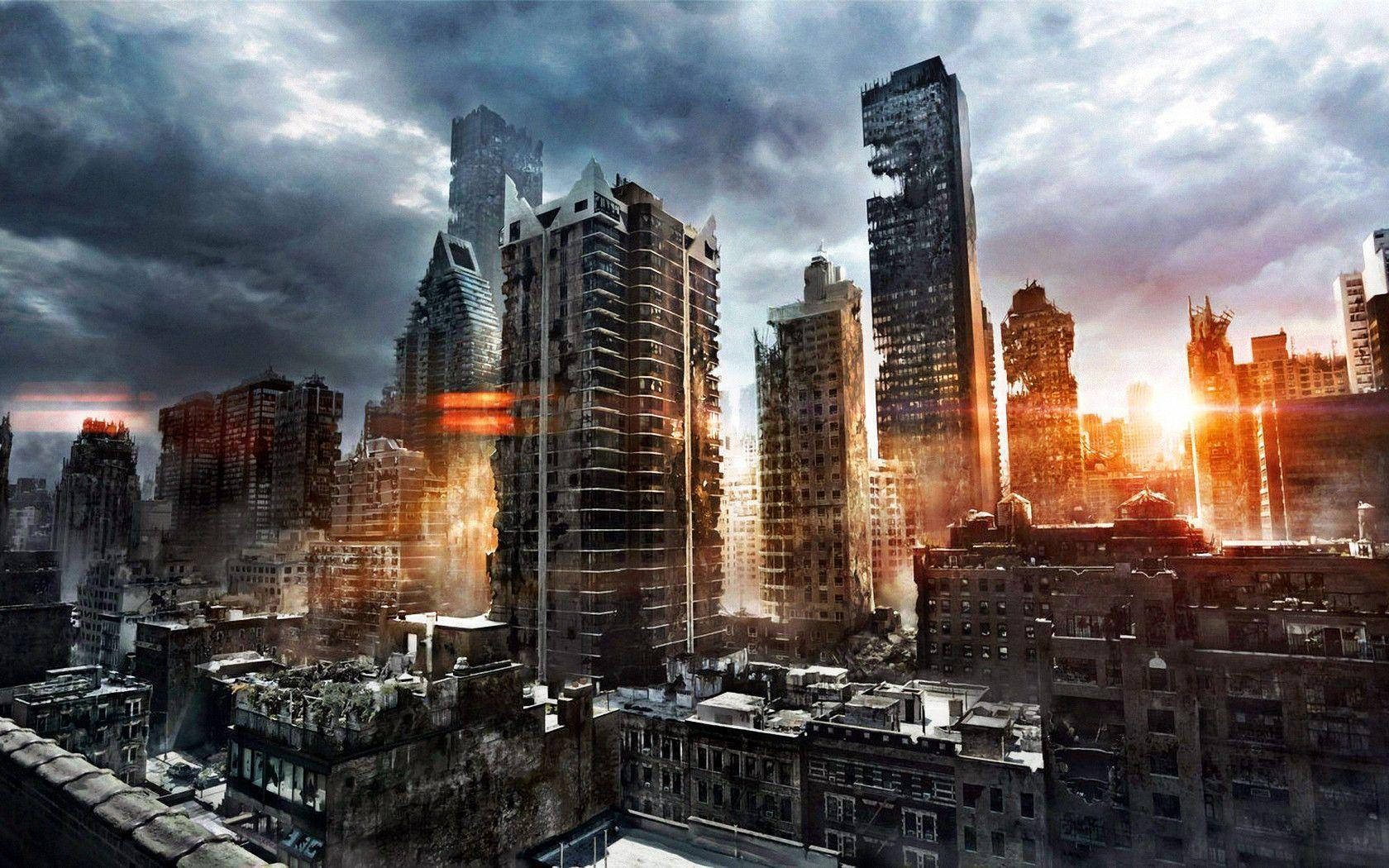 Buildings 桌布 壁紙 — 日落時分的反烏托邦城市景觀，高聳的摩天大樓在暴風雨的天空下崩塌。