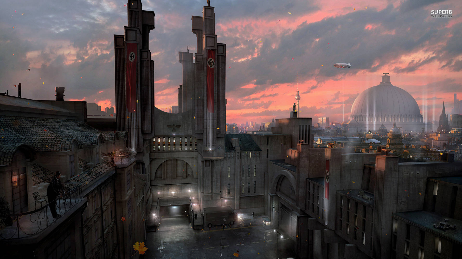 Wolfenstein 桌布 壁紙 — 日落時分的反烏托邦城市景觀，高聳的粗獷主義建築、漂浮的飛船和圓頂大教堂，天空如火。