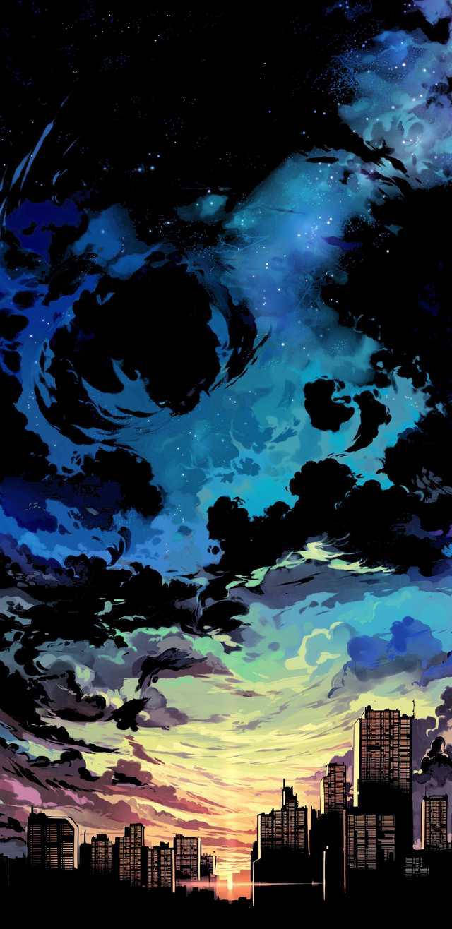 Aesthetic Anime Phone 桌布 壁紙 — 日落時分的城市天際線，上方有旋轉的宇宙雲層和星星。