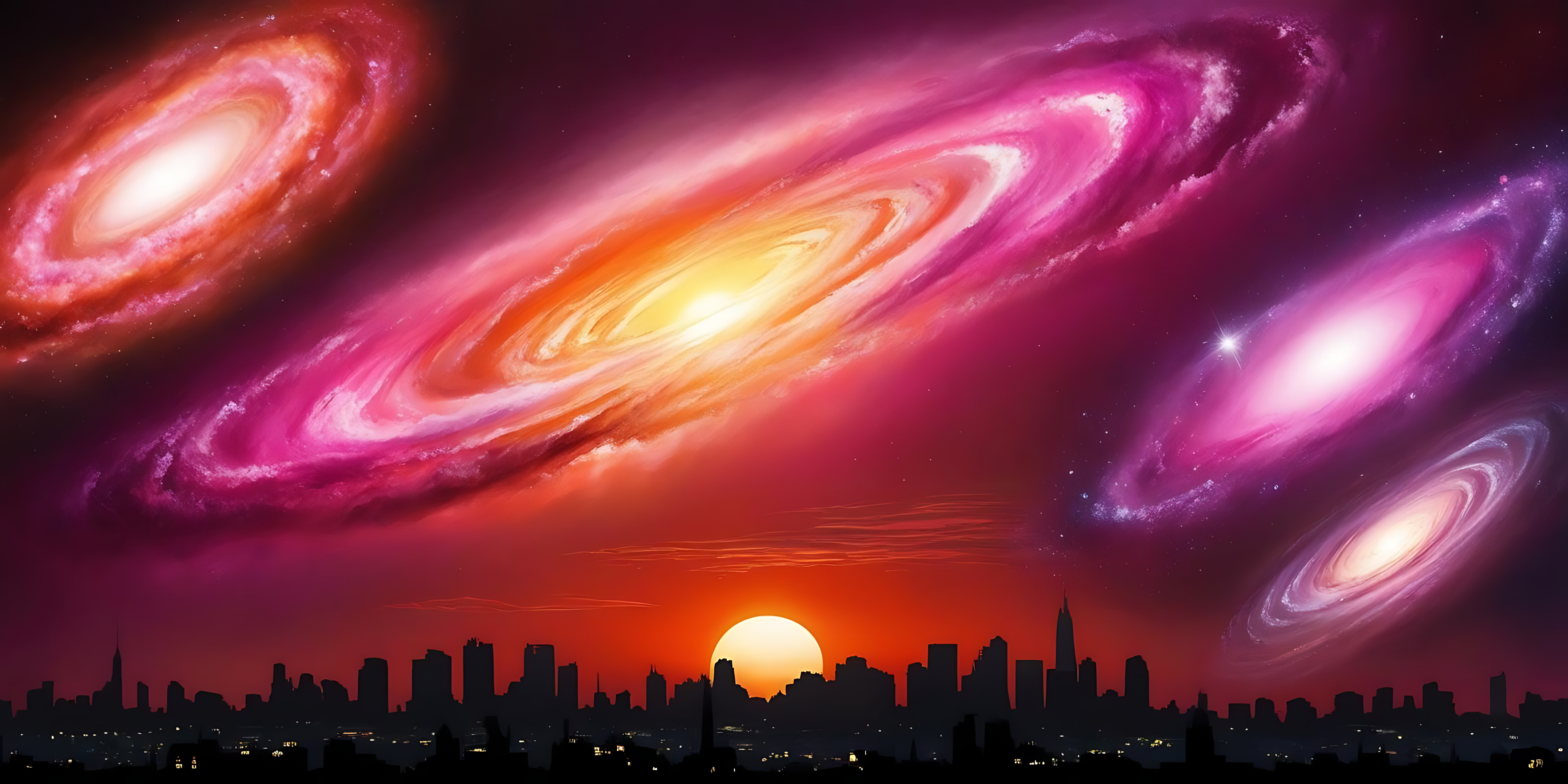 外太空 桌布 壁紙 — 日落時分的城市天際線，下方是旋轉的星系，散發著洋紅色、橙色和紫色的光芒。