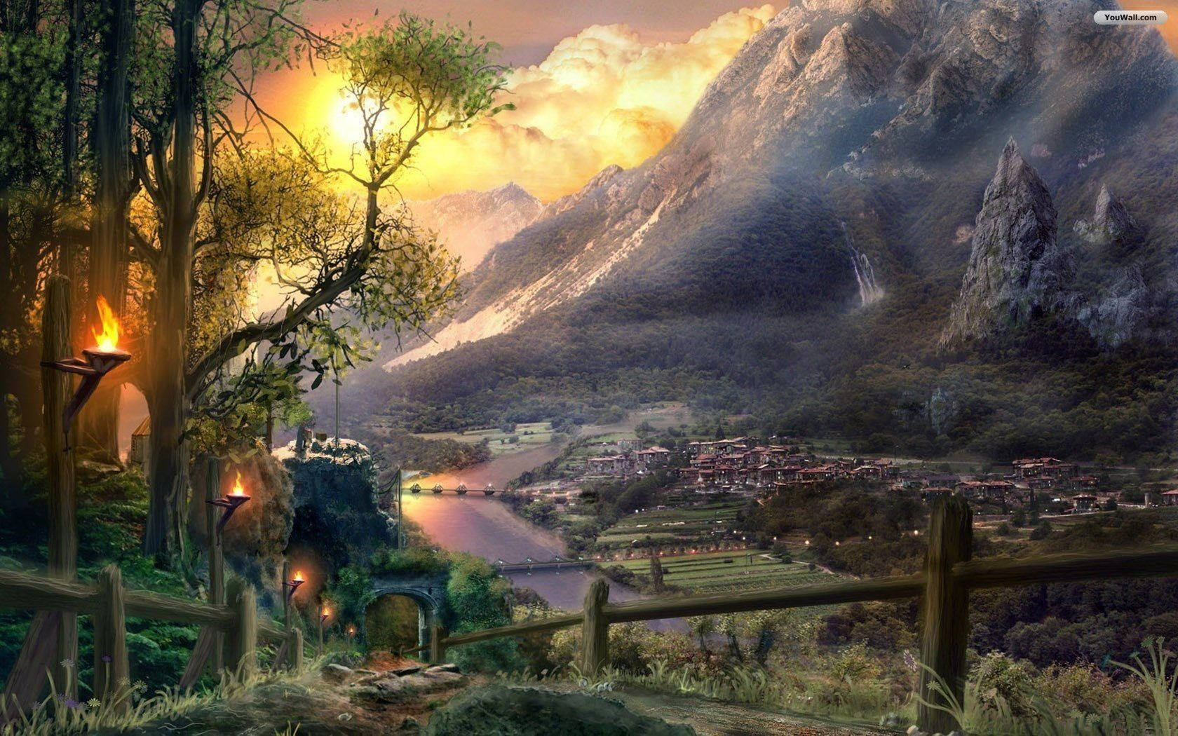 World 桌布 壁紙 — 日落時分的奇幻山谷，村莊依河而建，山巒聳立，木柵欄上的火炬閃爍。