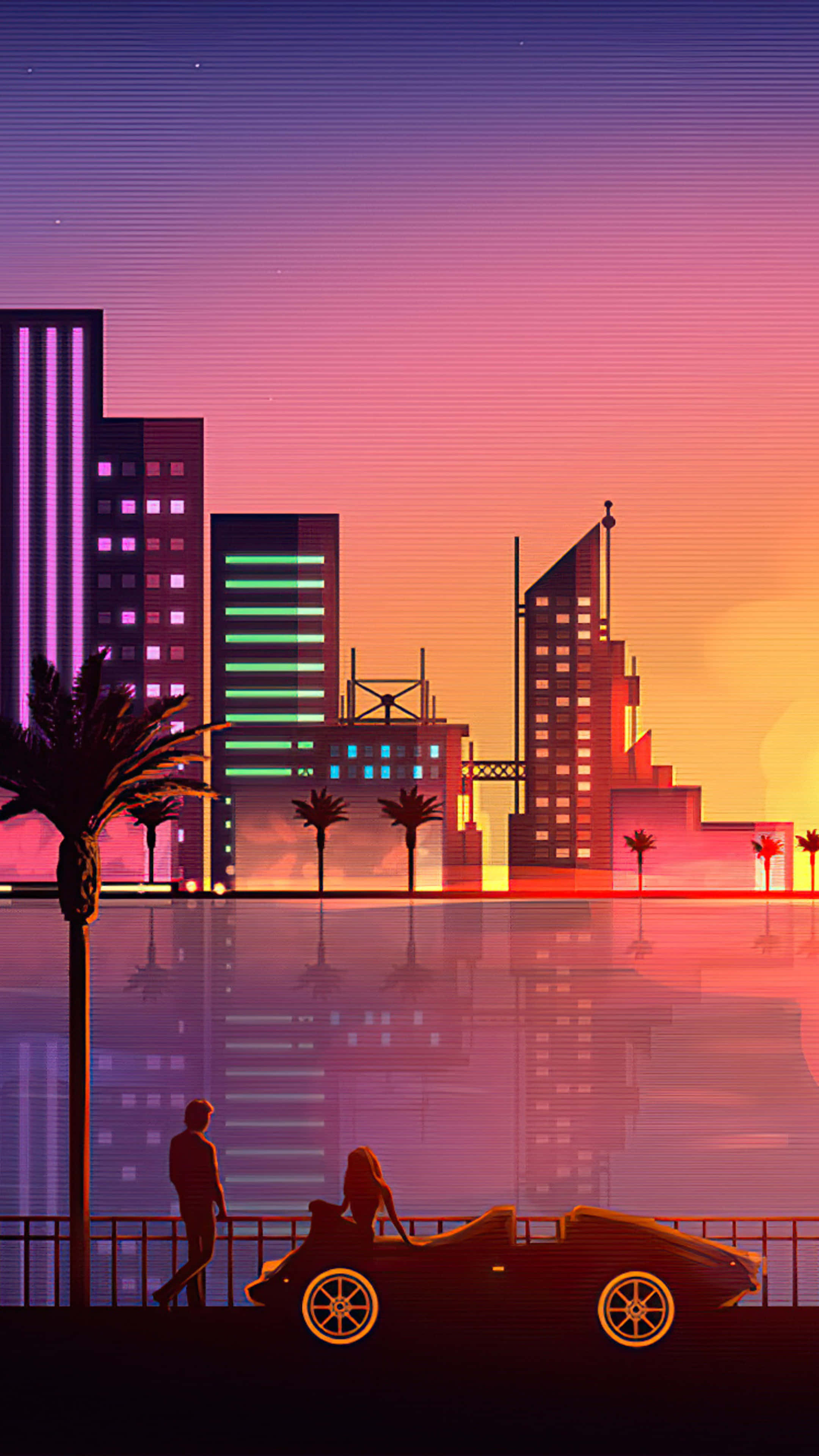 Miami 4K 桌布 壁紙 — 日落時分的復古未來主義城市景觀，霓虹燈照亮的摩天大樓、棕櫚樹和一對情侶站在跑車旁，倒映在水中。