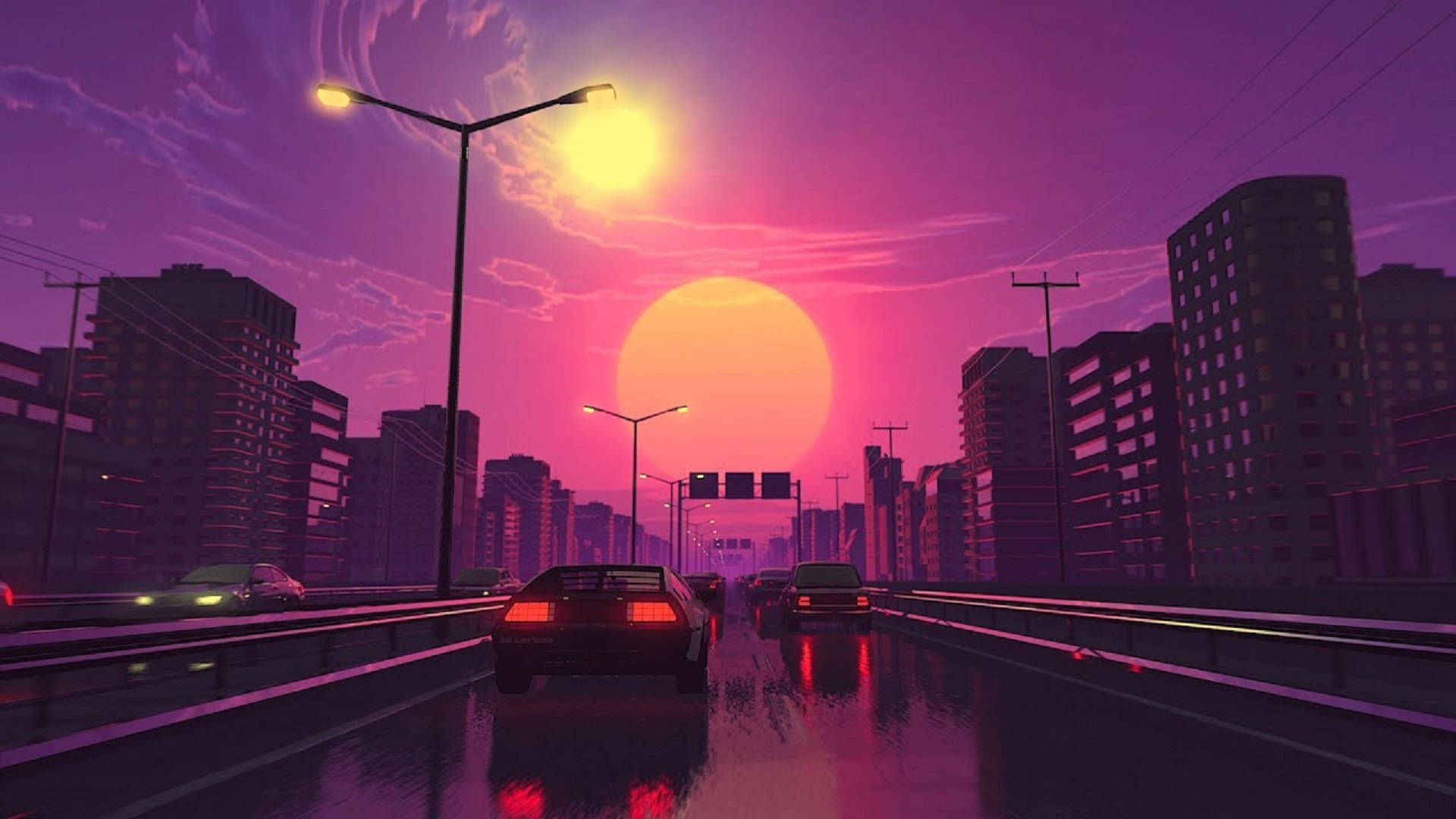 Soundcloud 桌布 壁紙 — 日落時分的復古未來主義城市景觀，發光的汽車在潮濕的高速公路上行駛，天空呈現鮮豔的紫色和橙色。