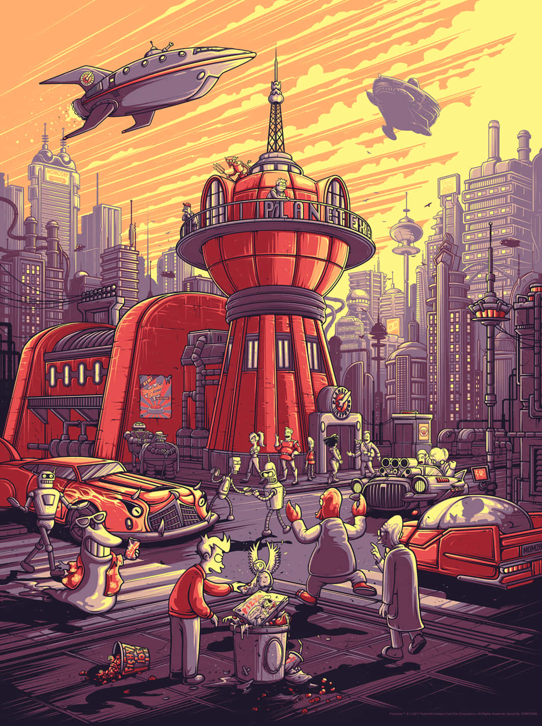 Futurama 桌布 壁紙 — 日落時分的復古未來城市景觀，飛碟懸浮在紅色天文館塔樓上方，復古汽車停泊在繁忙的街道上。