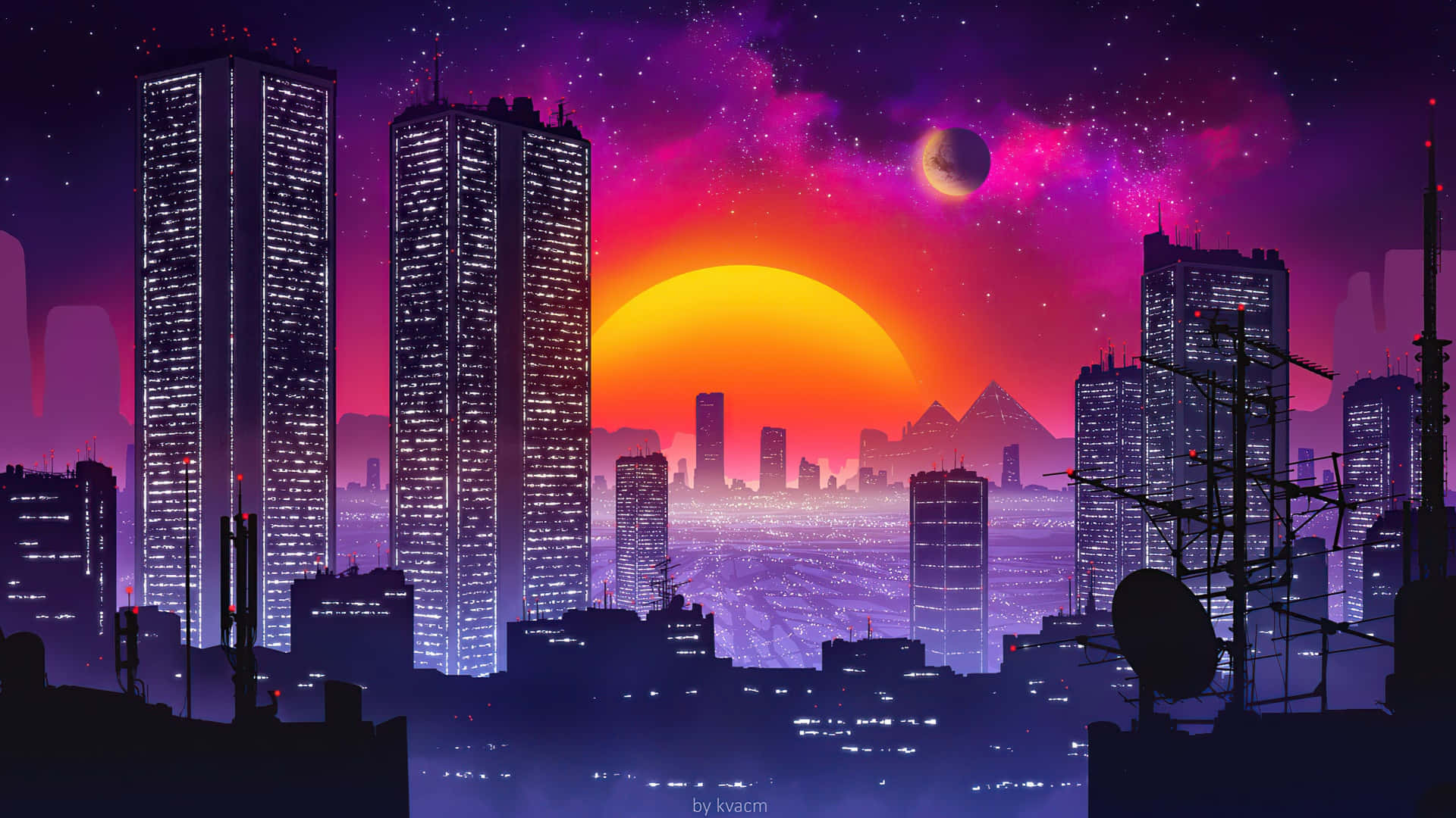 合成波 桌布 壁紙 — 日落時分的未來城市天際線，在充滿活力的紫色和橙色天空下，閃爍的摩天大樓和一個漂浮的行星。