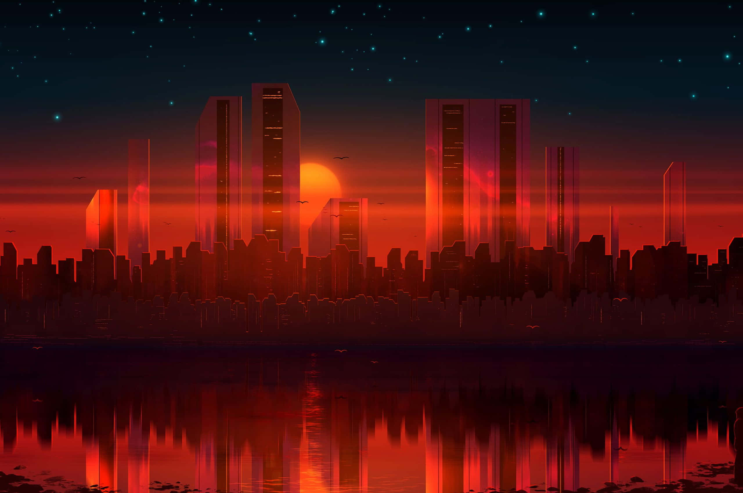 2560x1700 桌布 壁紙 — 日落時分的未來城市天際線，高聳的摩天大樓在星空下的平靜水面上反射出火熱的橙色和紅色色調。