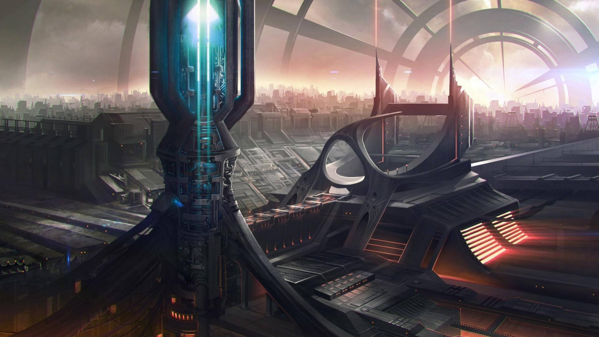 Futuristic City 桌布 壁紙 — 日落時分的未來城市景觀，在朦朧的天空下，閃爍的霓虹塔和彎曲的金屬建築。