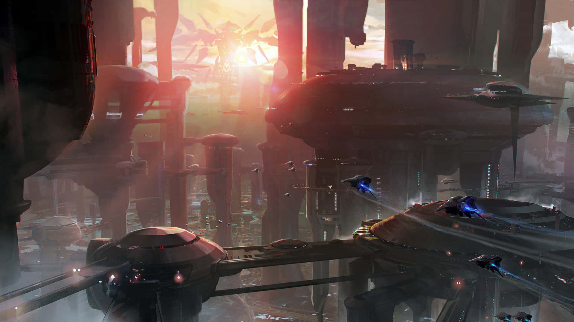 Halo Infinite 桌布 壁紙 — 日落時分的未來城市景觀，浮動平台和發光的太空船在高聳的建築物之間。