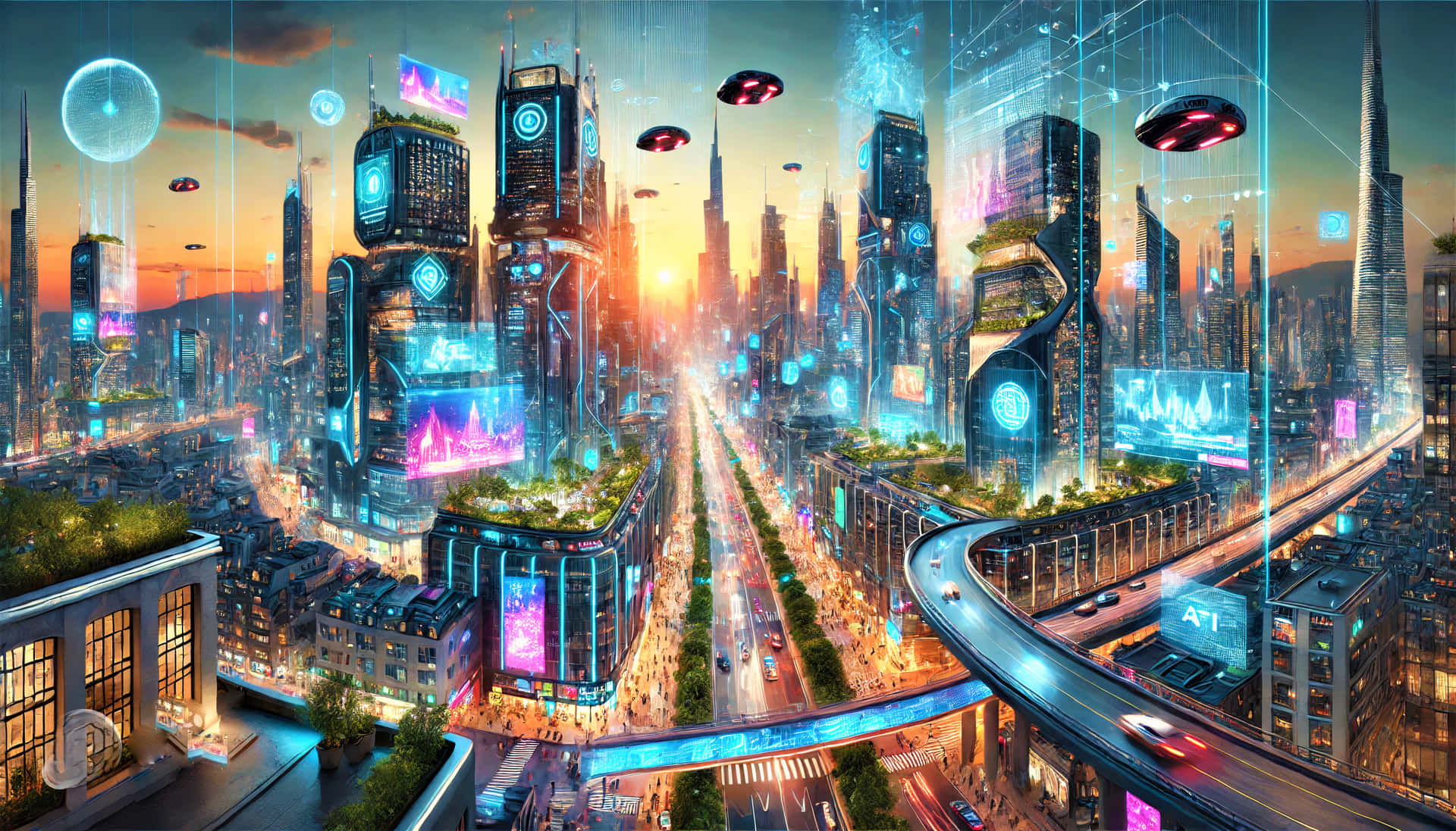 Futuristic City at Day Wallpaper 4K 壁紙 — 日落時分的未來城市景觀，發光的摩天大樓、飛行汽車和全息顯示屏照亮了城市峽谷。