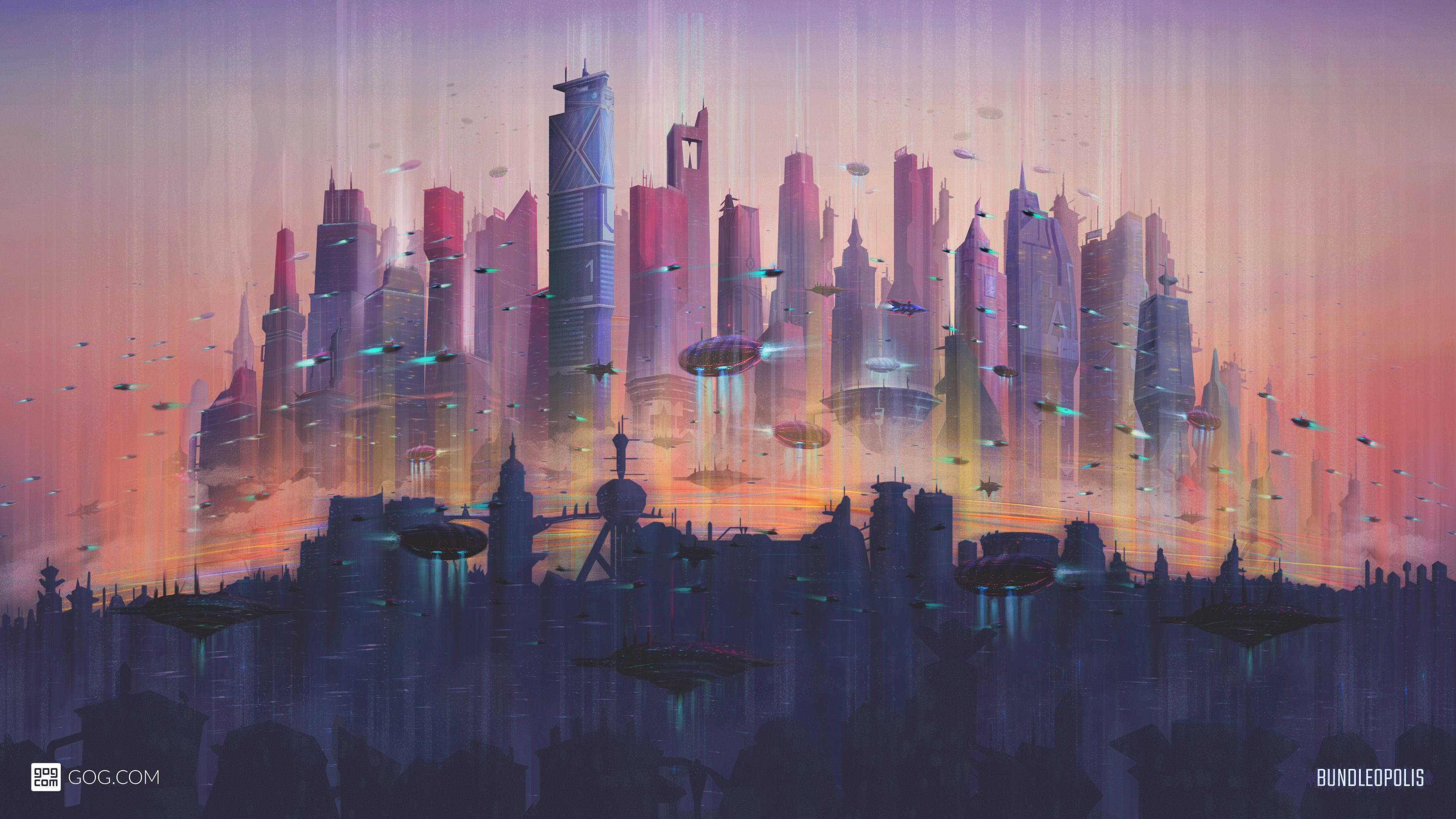 城市風景 桌布 壁紙 — 日落時分的未來城市景觀，閃爍的摩天大樓和飛行車輛，襯托著充滿活力的粉紅色和橙色天空。