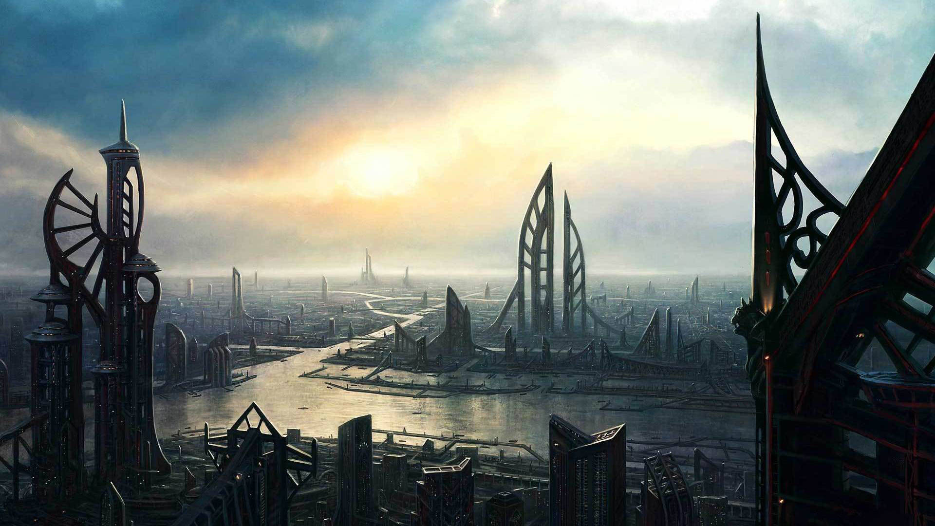 City Art 桌布 壁紙 — 日落時分的未來城市景觀，高聳的尖塔和蜿蜒穿過霧氣金屬結構的河流。