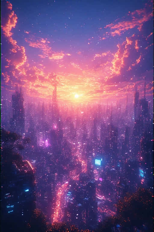 Anime Sunset Over Futuristic City Neon Pastel 8K 壁紙 — 日落時分的未來城市景觀，高聳的摩天大樓在充滿活力的粉紅色和紫色天空下閃耀。