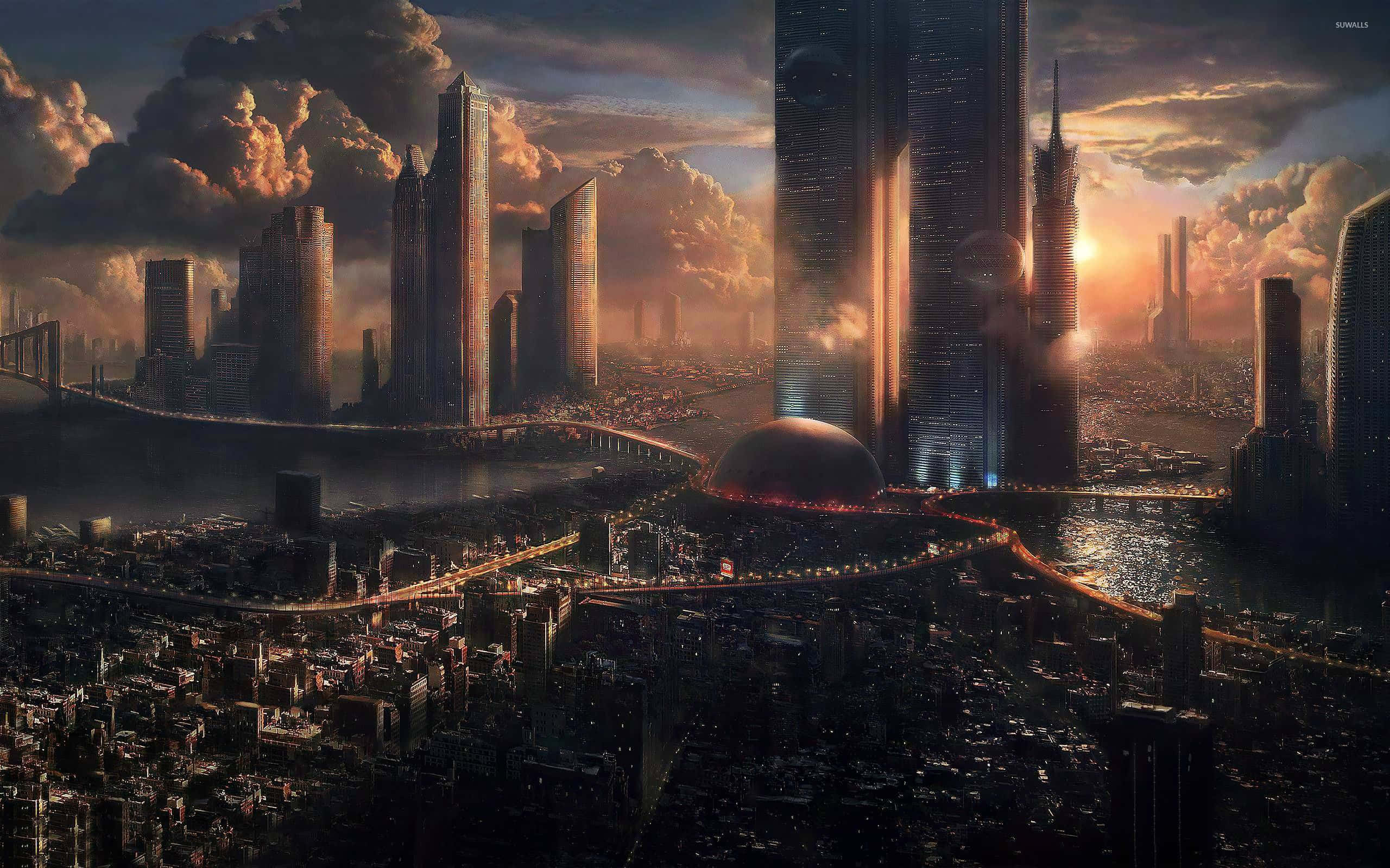 3d City 桌布 壁紙 — 日落時分的未來城市景觀，高聳的摩天大樓透過戲劇性的雲層反射出金色光芒。