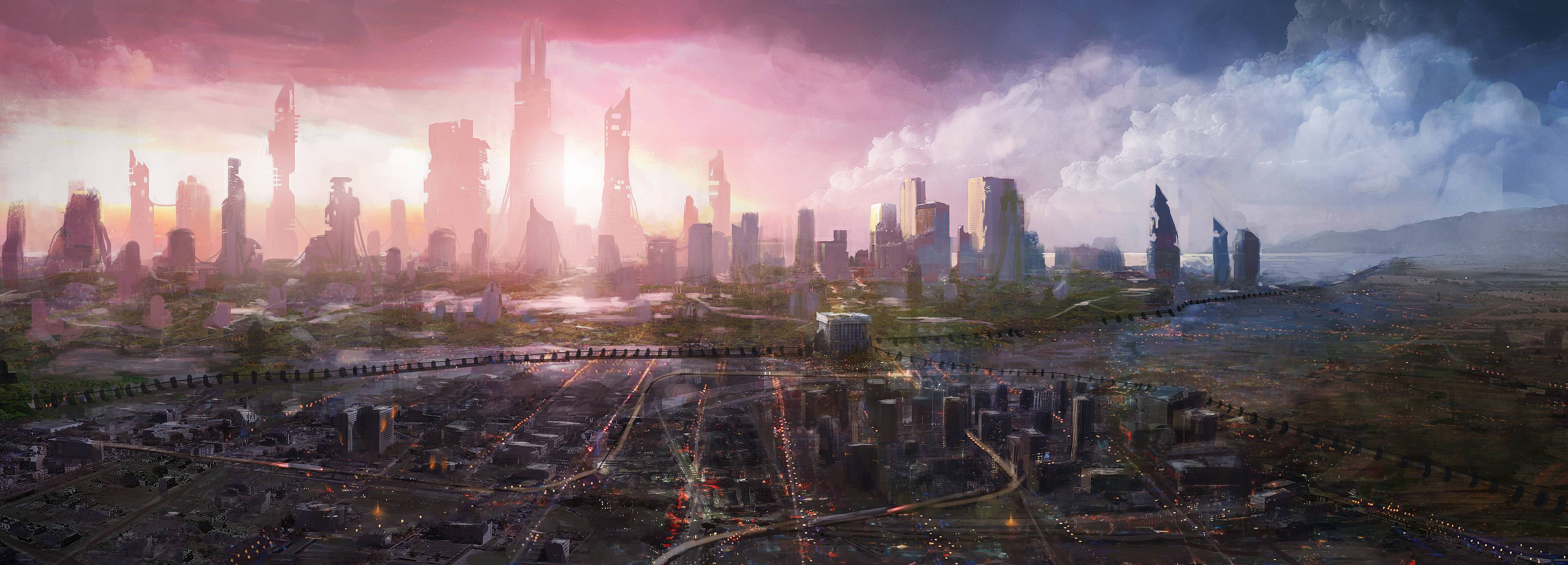Futuristic City 桌布 壁紙 — 日落時分的未來城市景觀，高聳的摩天大樓和發光的道路，在戲劇性的粉紅色和藍色天空下。