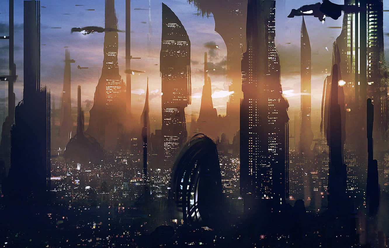 Coruscant 桌布 壁紙 — 日落時分的未來城市景觀，高聳的摩天大樓和飛行車輛在發光的橙色天空襯托下形成剪影。