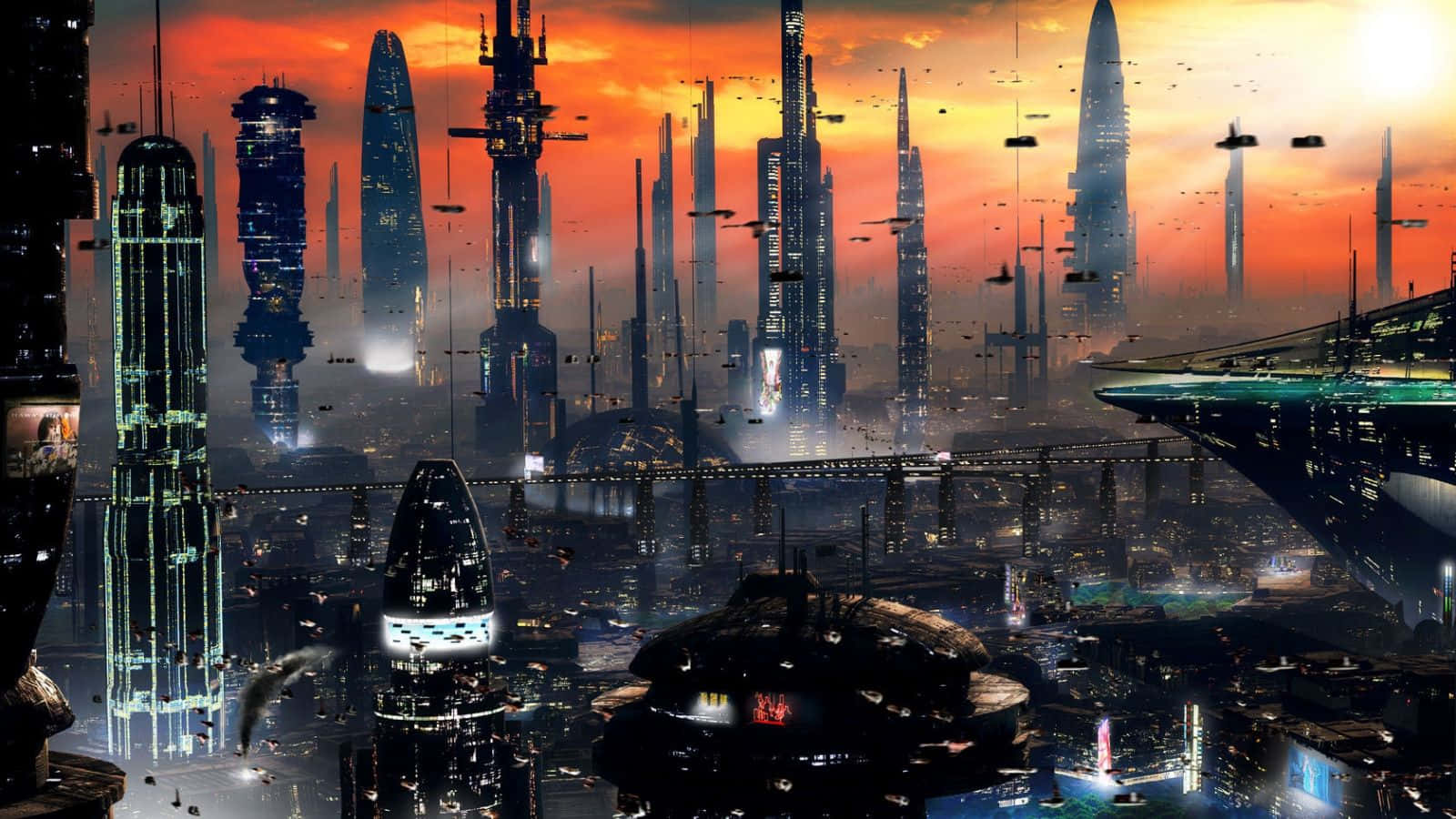 3d City 桌布 壁紙 — 日落時分的未來城市景觀，高聳的摩天大樓在橙色天空下閃耀，飛行車輛穿梭其中。