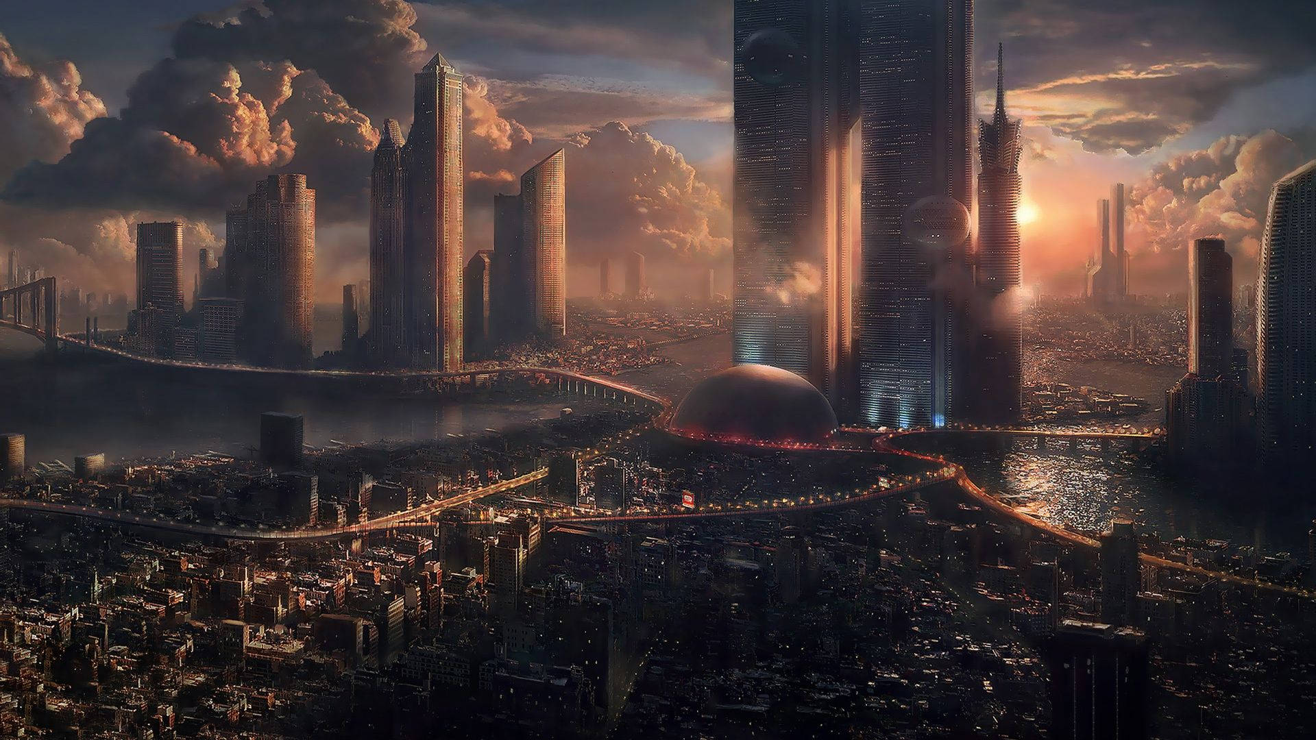 Futuristic City 桌布 壁紙 — 日落時分的未來城市景觀，高聳的摩天大樓和發光的橋樑在戲劇性的雲層下倒映在水中。