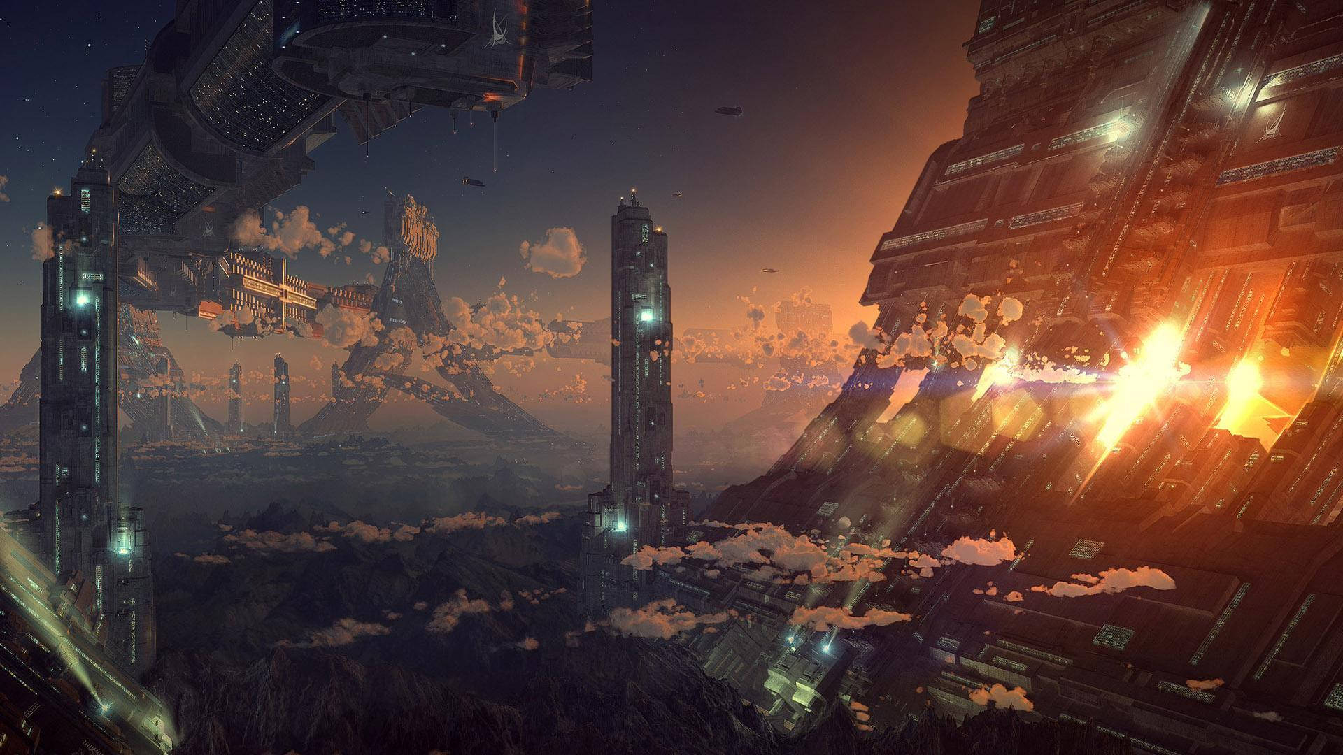 Futuristic City 桌布 壁紙 — 日落時分的未來城市景觀，高聳的摩天大樓和浮動結構在雲層和山脈上投射出溫暖的橙色光芒。