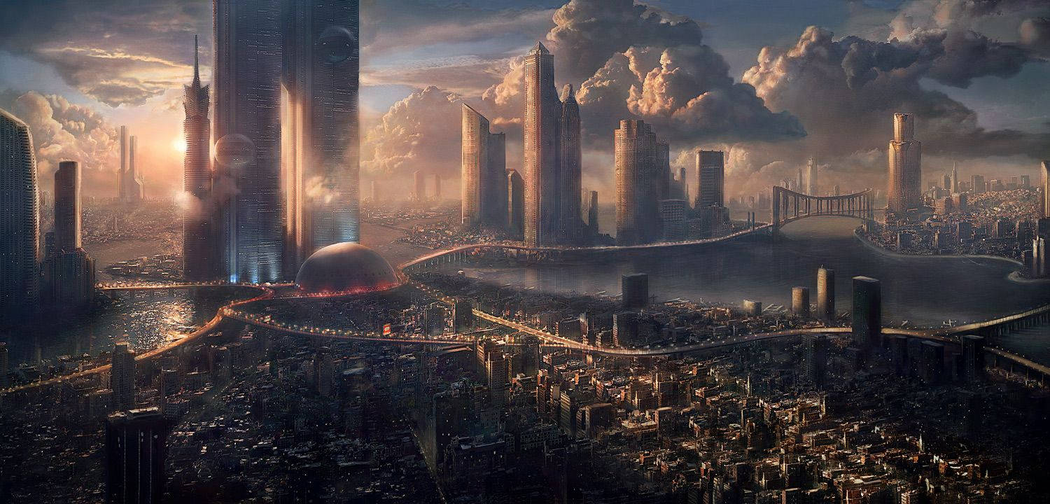 civilization 5 桌布 壁紙 — 日落時分的未來城市景觀，高聳的摩天大樓在戲劇性的雲層下閃耀，河流蜿蜒穿過城市擴展區。