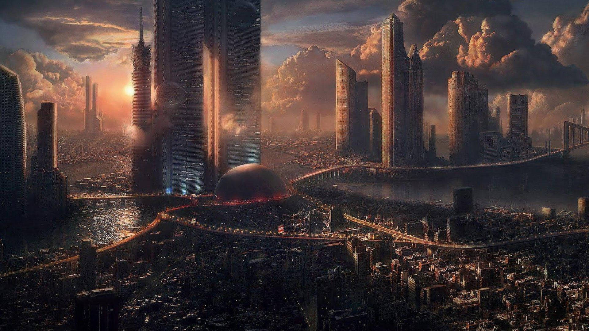 Futuristic City 桌布 壁紙 — 日落時分的未來城市景觀，高聳的摩天大樓在水面上反射金色光芒，橋樑閃閃發光。